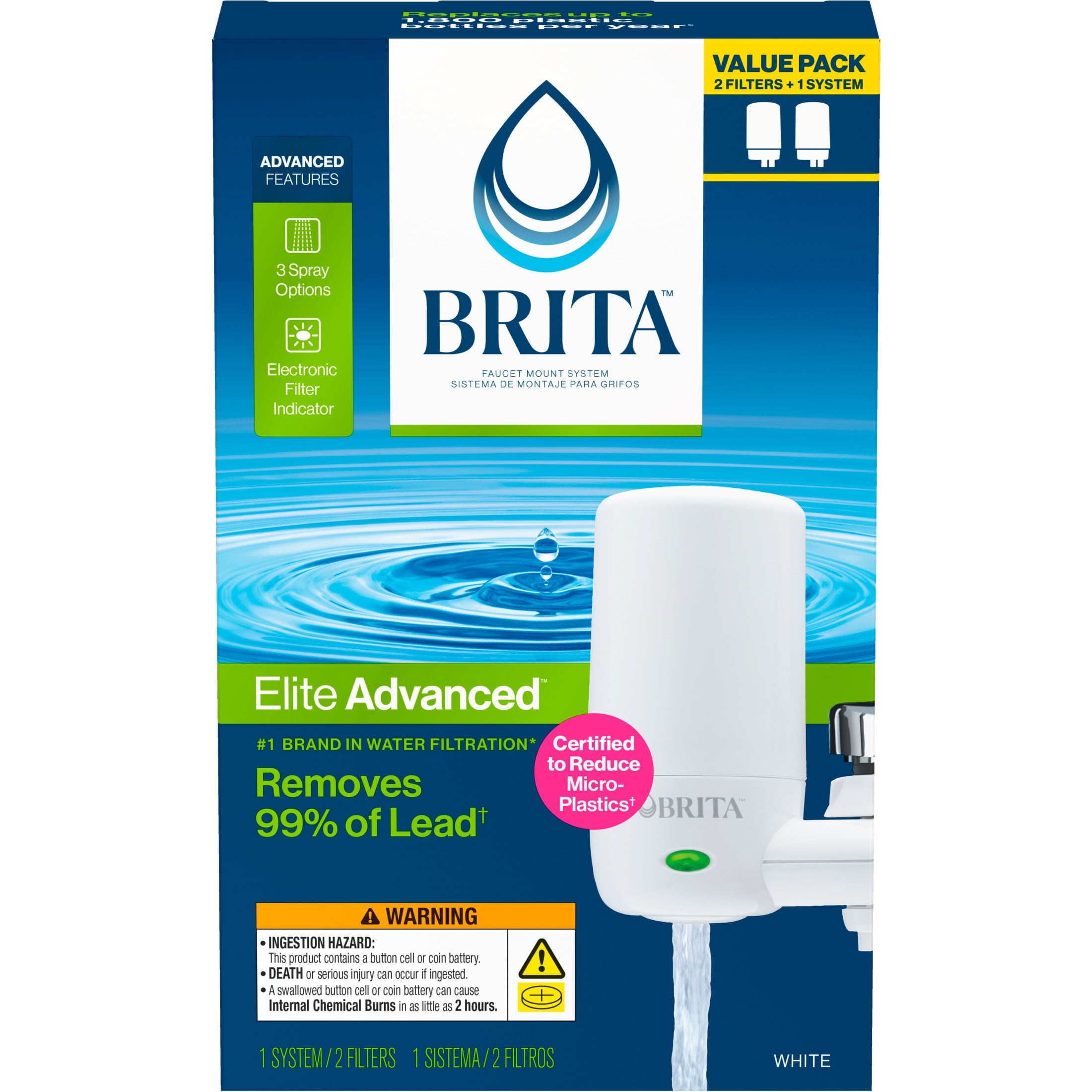 Brita Elite Water Faucet Filtration Mount System, Fits Standard Faucets, White, Includes 2 Filters