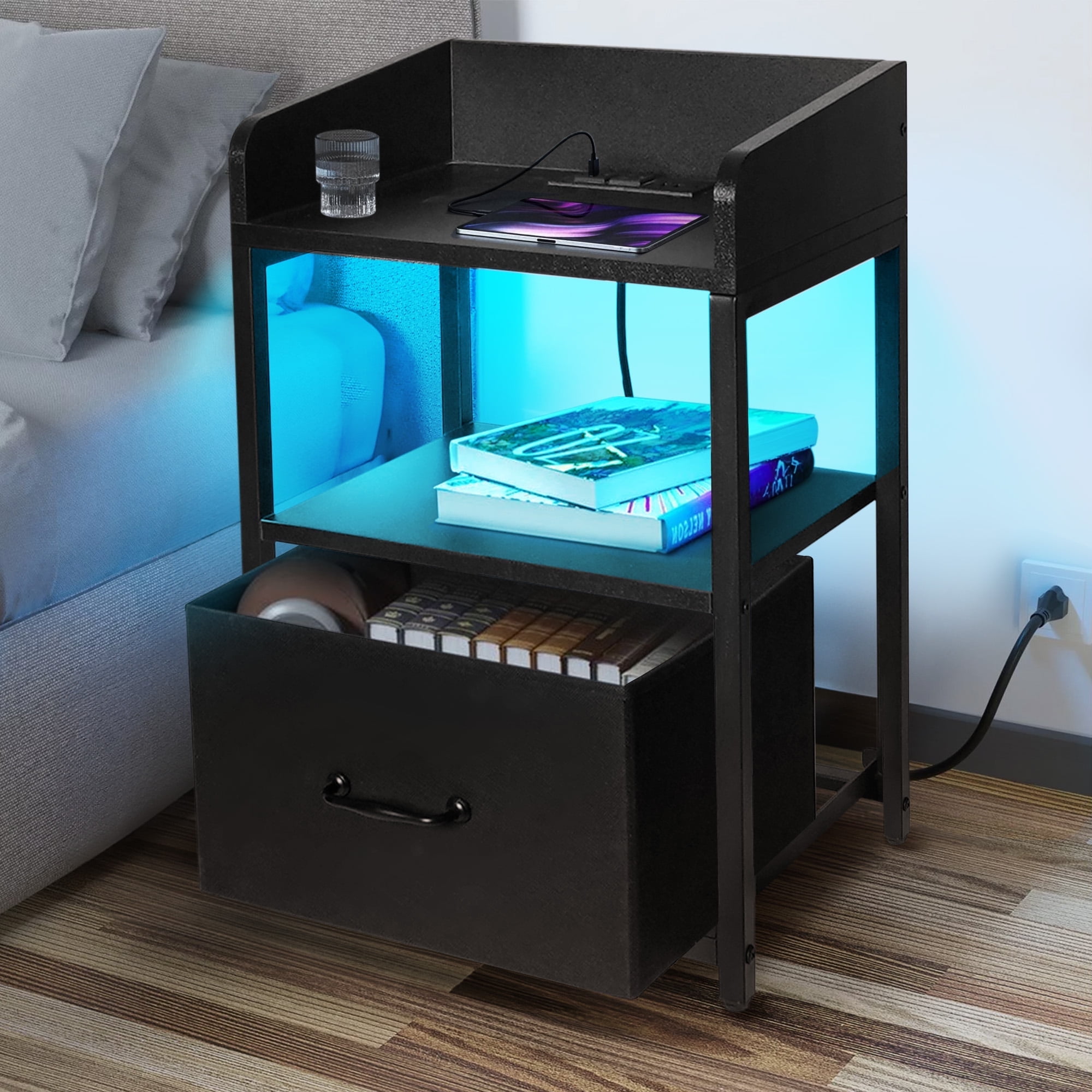 Brochao Nightstand with Charging Station, Bedside Table with LED Light & USB Ports & Outlets, End Table with Fabric Drawers, Black Bedside Tables for Bedroom, Living Room