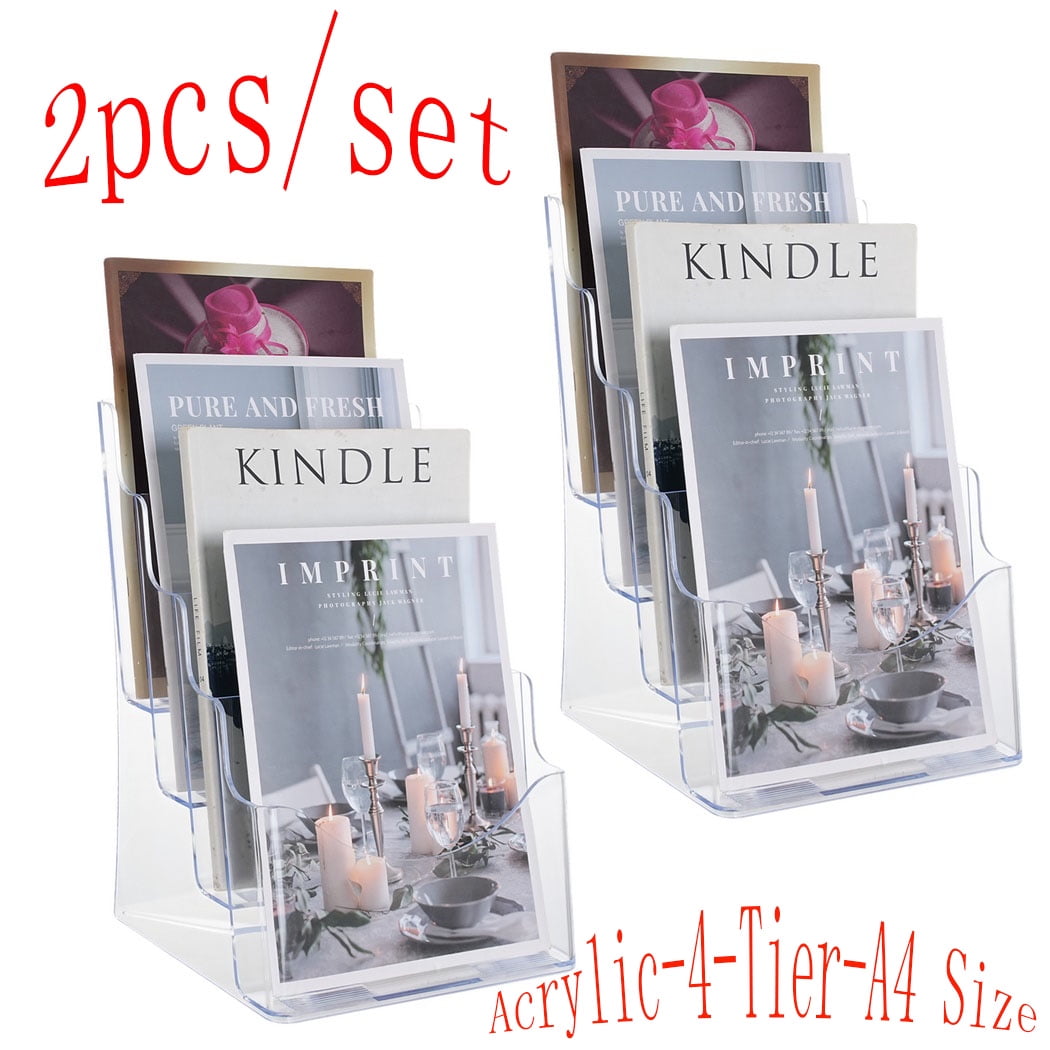 Brochure Holder, 4-Tier Clear Acrylic Brochure Display Rack Stand, Literature Organizers Pamphlet Holder for Home Office Wall Mount Countertop , 2 Peices