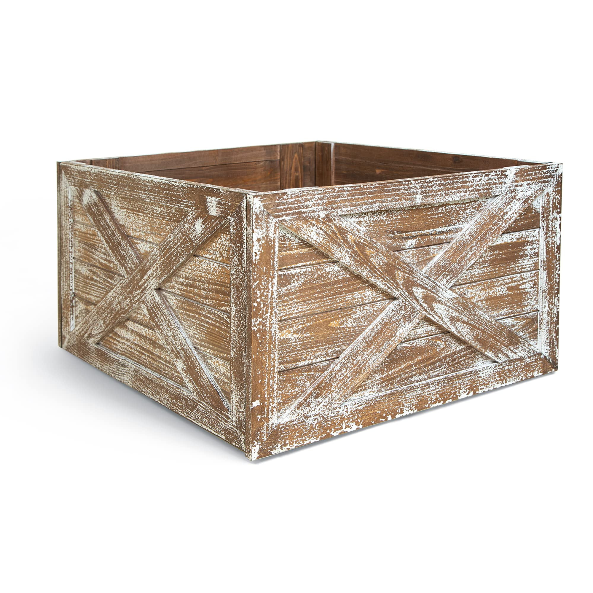 Brown Wooden Tree Collar Box - 23.5 x 15 inch Christmas Tree Figurine Farmhouse Rustic Decor for Christmas