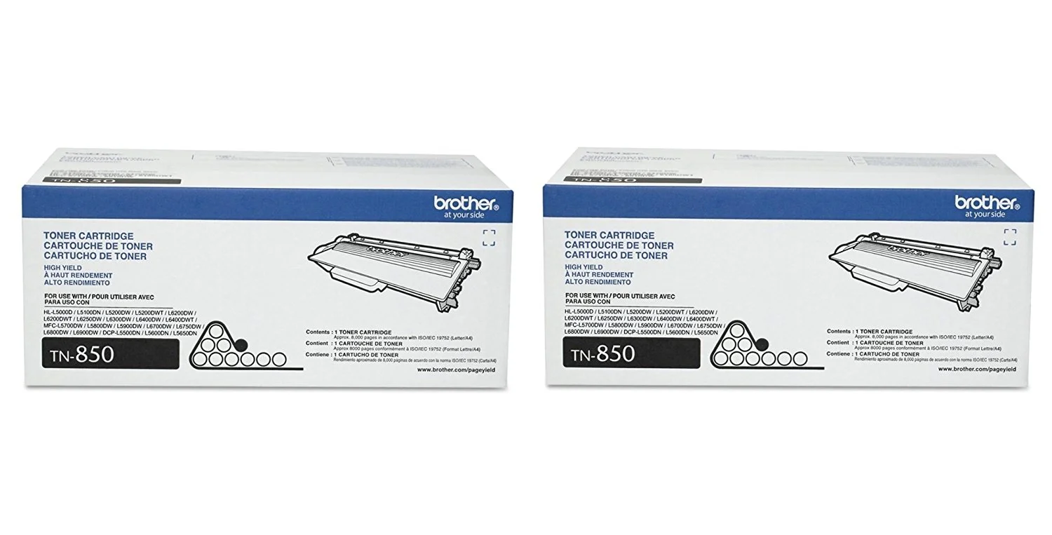 Brother Genuine High Yield Toner Cartridges, TN850, Replacement Black Toner Two Pack, Page Yield Up To 8,000 Pages/Cartridge