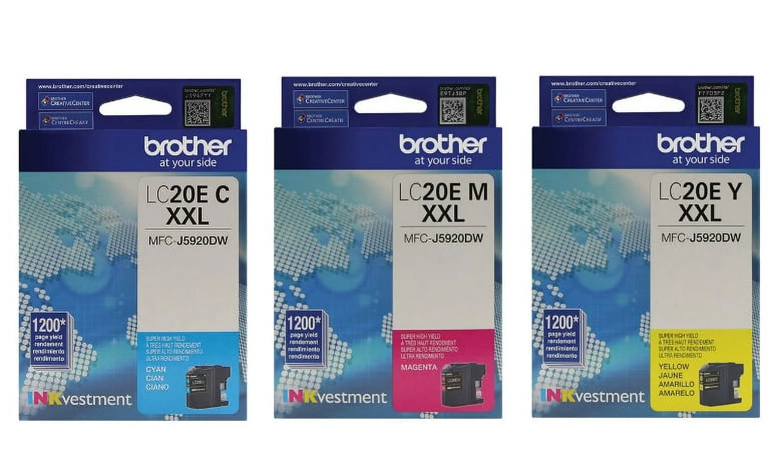 Brother Genuine LC-20E (LC20EC, LC20EM, LC20EY) Super High Yield Color Ink Cartridge Set