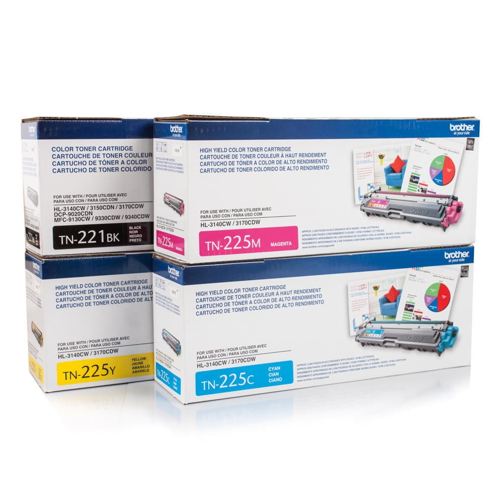 Brother Genuine Standard Yield Black, TN221BK, and High Yield Colors Toner Cartridge Set, TN225C, TN225M and TN225Y, Replacement Cyan, Magenta and Yellow Toners