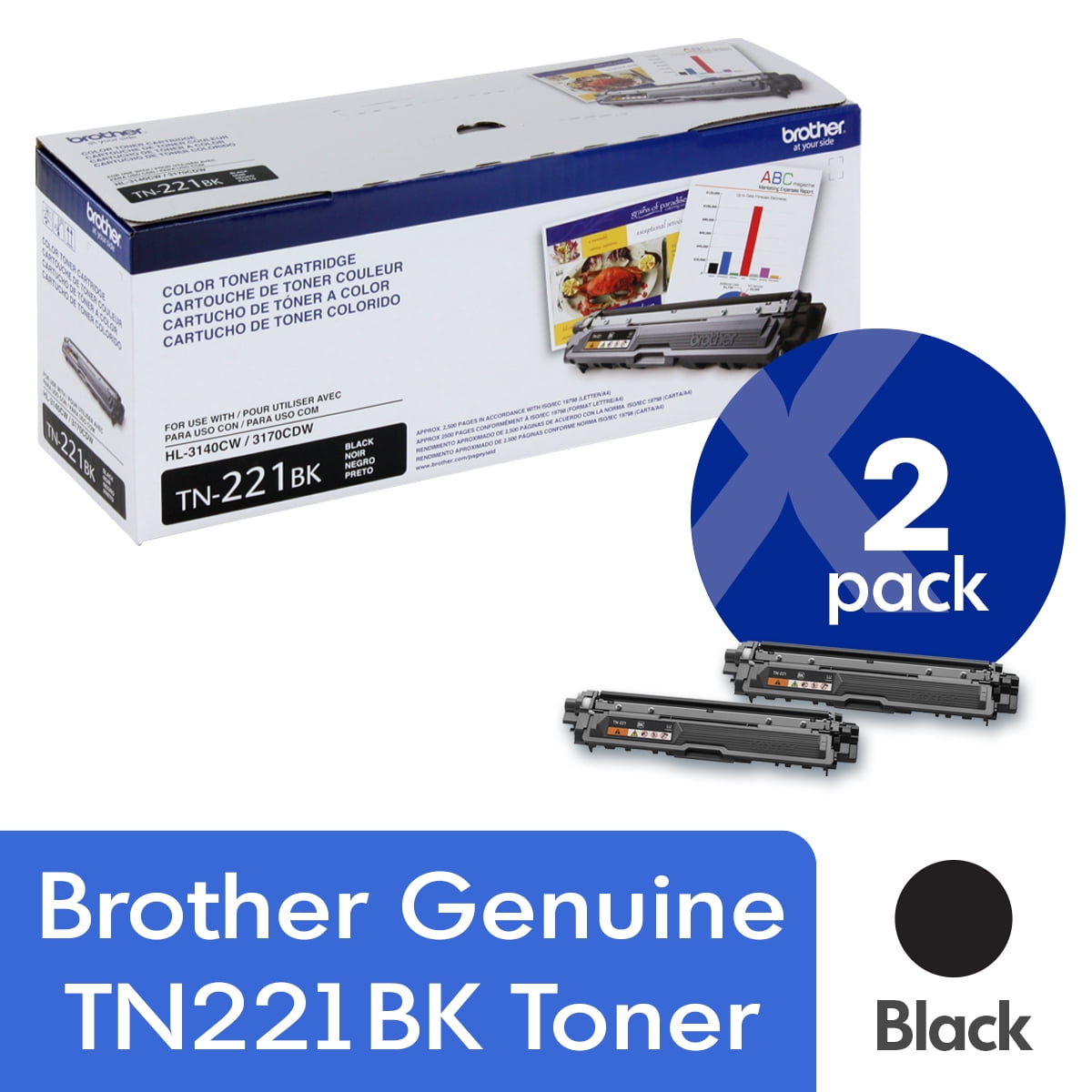 Brother Genuine Standard-Yield Black Toner Cartridge Twin Pack TN221 2PK Laser - Standard Yield - 2500 Pages Black (Per Cartridge) - 2 Pack