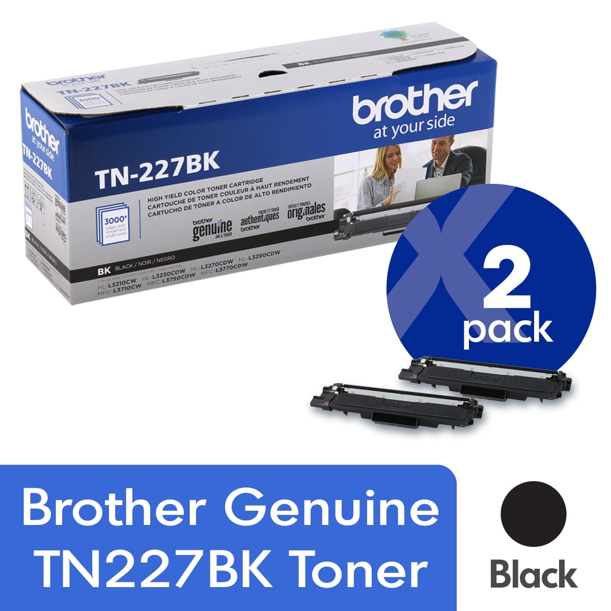 Brother Genuine TN227BK 2-Pack High Yield Black Toner Cartridge with approximately 3,000 page yield/cartridge