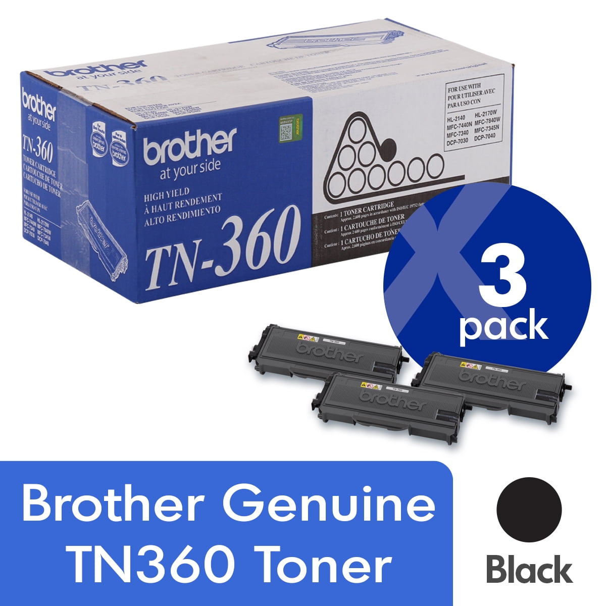 Brother Genuine TN360 3-Pack High Yield Black Toner Cartridge with approximately 2,600 page yield/cartridge