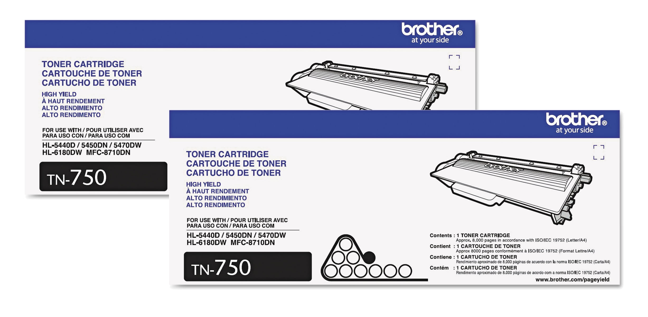 Brother TN750 Genuine High Yield Toner Cartridges, Replacement Black Toner, Two Pack