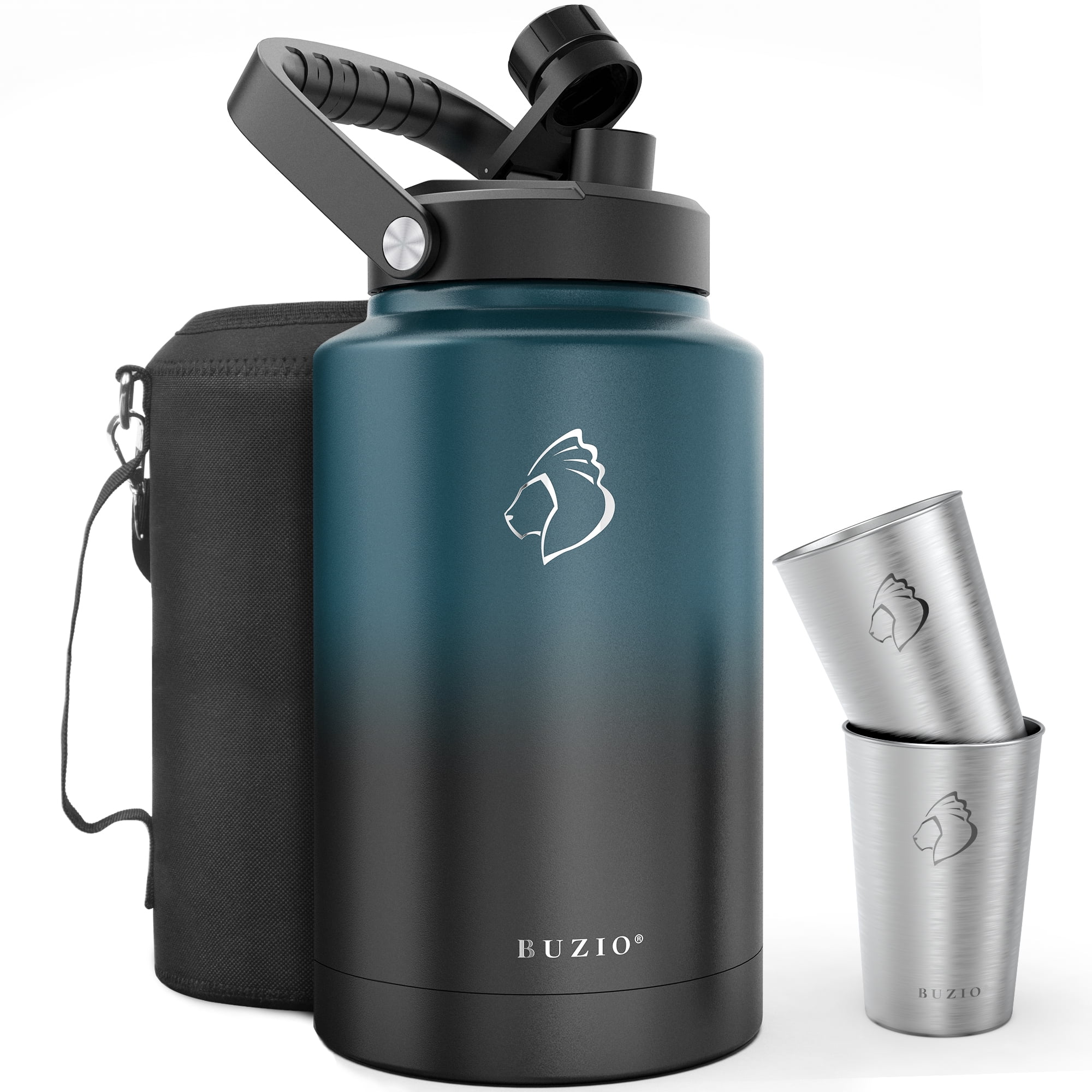 BUZIO 1 Gallon Insulated Water Bottle, 128 oz Stainless Steel Vacuum Metal Water Jug,Large Water Bottle with 2 Beer Cups for Gym,Hiking,Camping,Travel