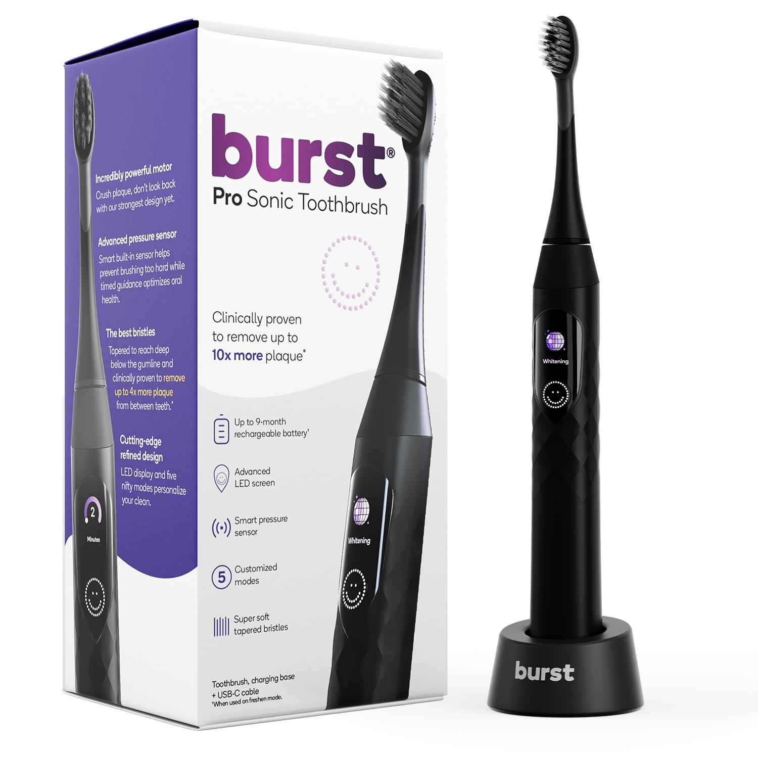 Burst Pro Sonic Toothbrush, Rechargeable Electric Toothbrush, Pressure Sensor, Black