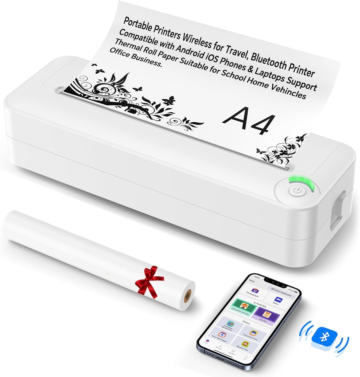 Cacagoo X8 Monochrome Thermal All-in-One Printer A4 Thermal Paper Roll & Charge Cable