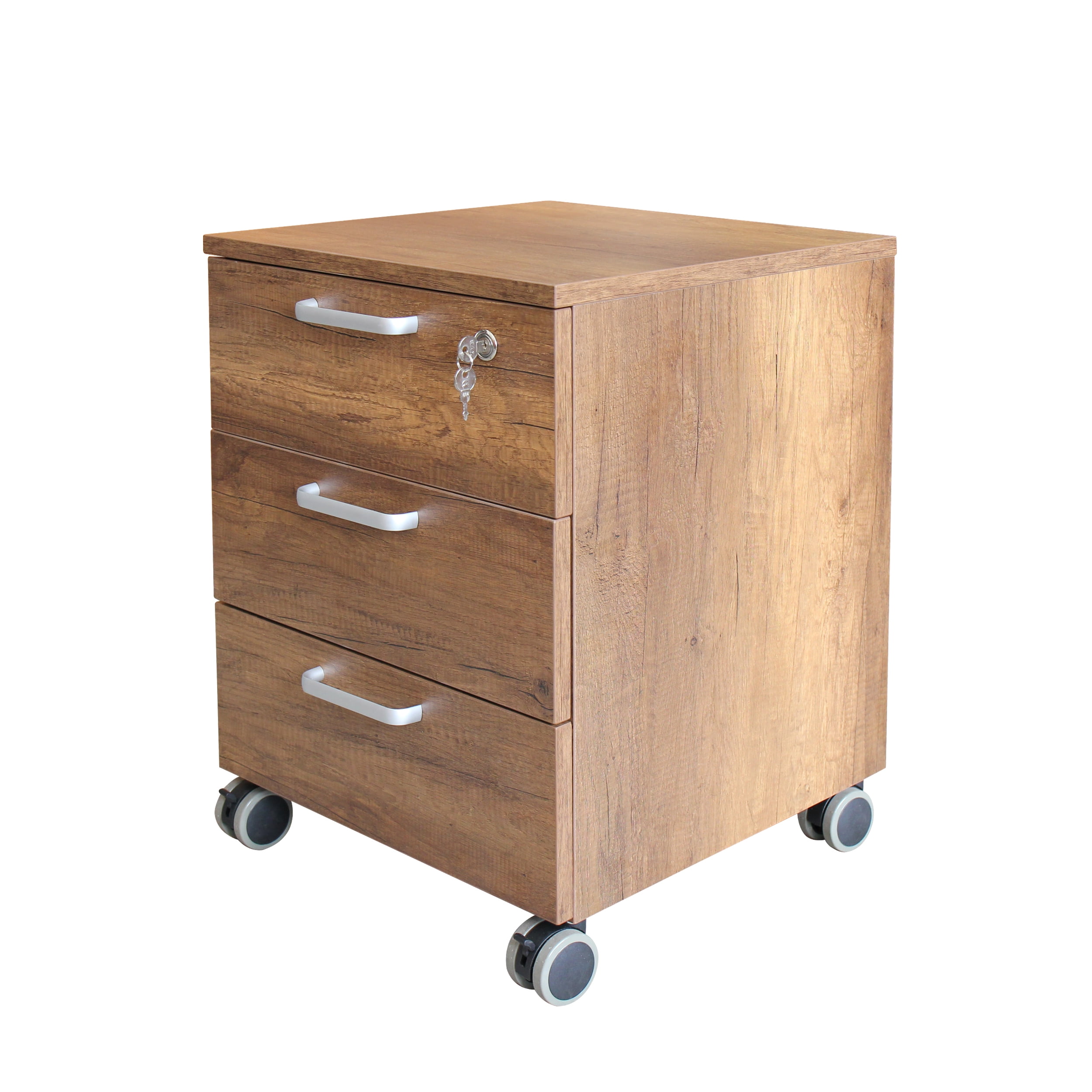 Caesar Hardware 3-Drawer Particle Board Wood Mobile File Cabinet with Lock and Wheels, Legal/Letter Size, Dark Maple