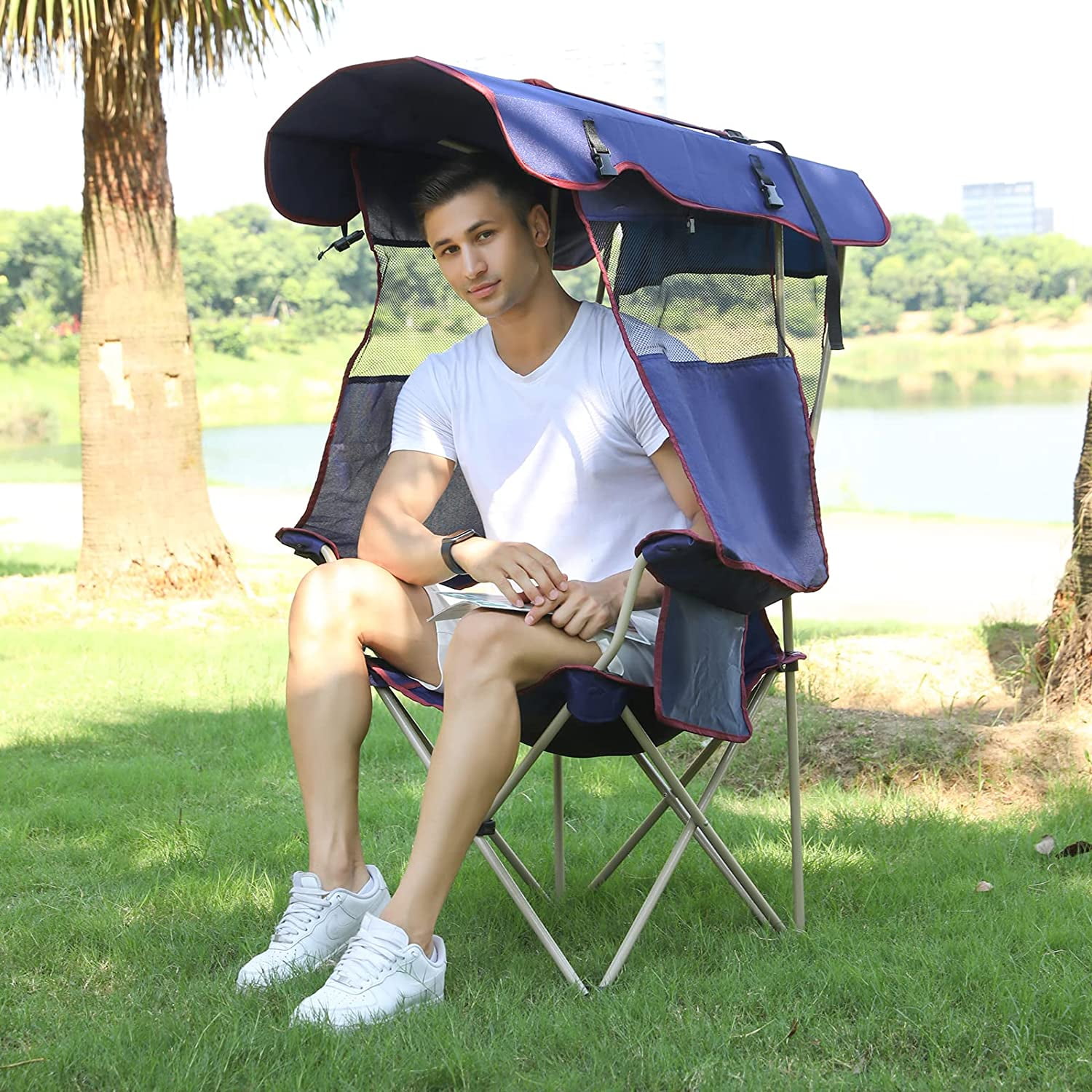 Camping Brothers Camping Chair with Shade Canopy - Outdoor Folding Patio Chair - Includes Retractable Sun Shade, Cup Holder, Side Pockets (Navy)