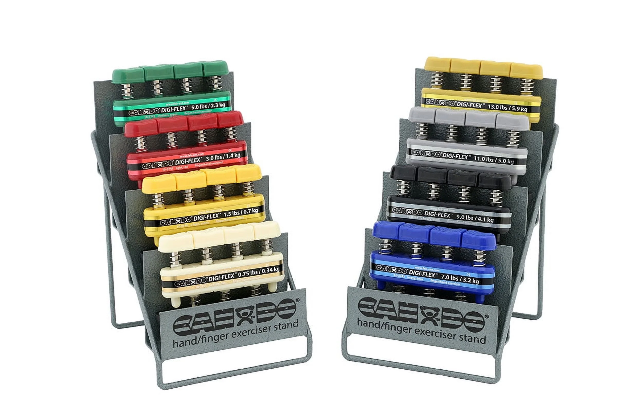 CanDo Digi-Flex hand/finger exerciser, 8 pc set (1 ea: tan through gold) w/2 metal racks