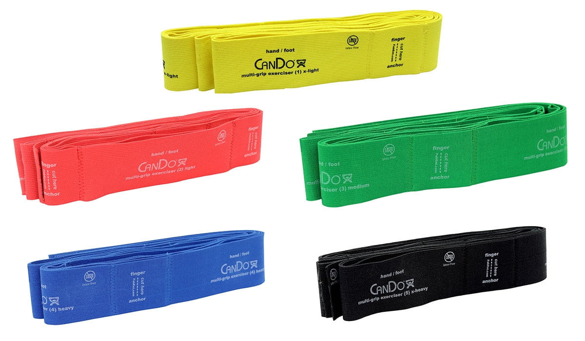 CanDo Multi-Grip 6 Foot Resistance Bands with hand, foot and finger loops for total body workouts, training, rehab, stretching or therapy. Set of 5 Resistance Levels