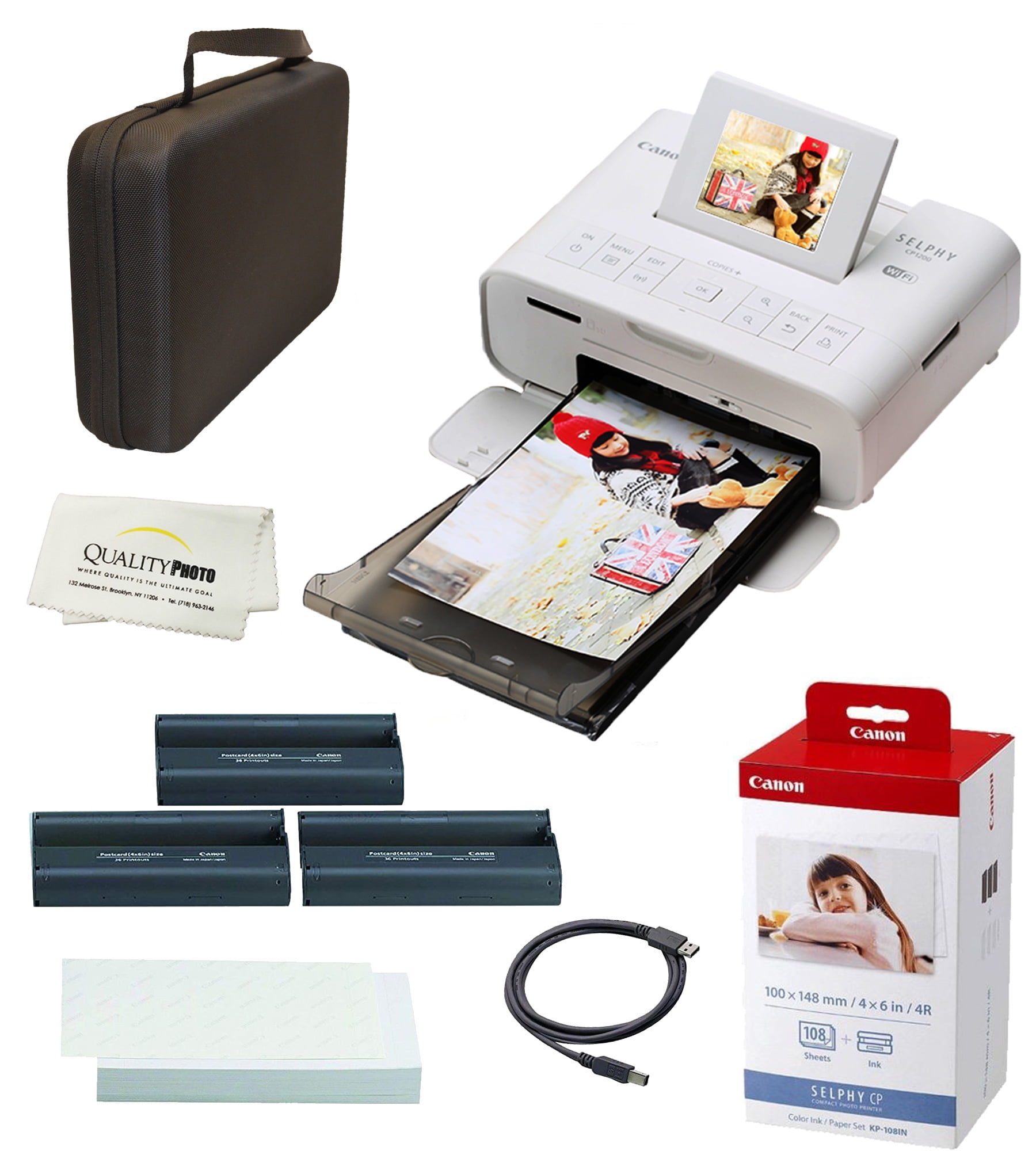 Canon SELPHY CP1300 Wireless Compact Photo Printer with AirPrint and Mopria Device Printing, White, With Canon KP108 Paper And Black hard case to fit all together
