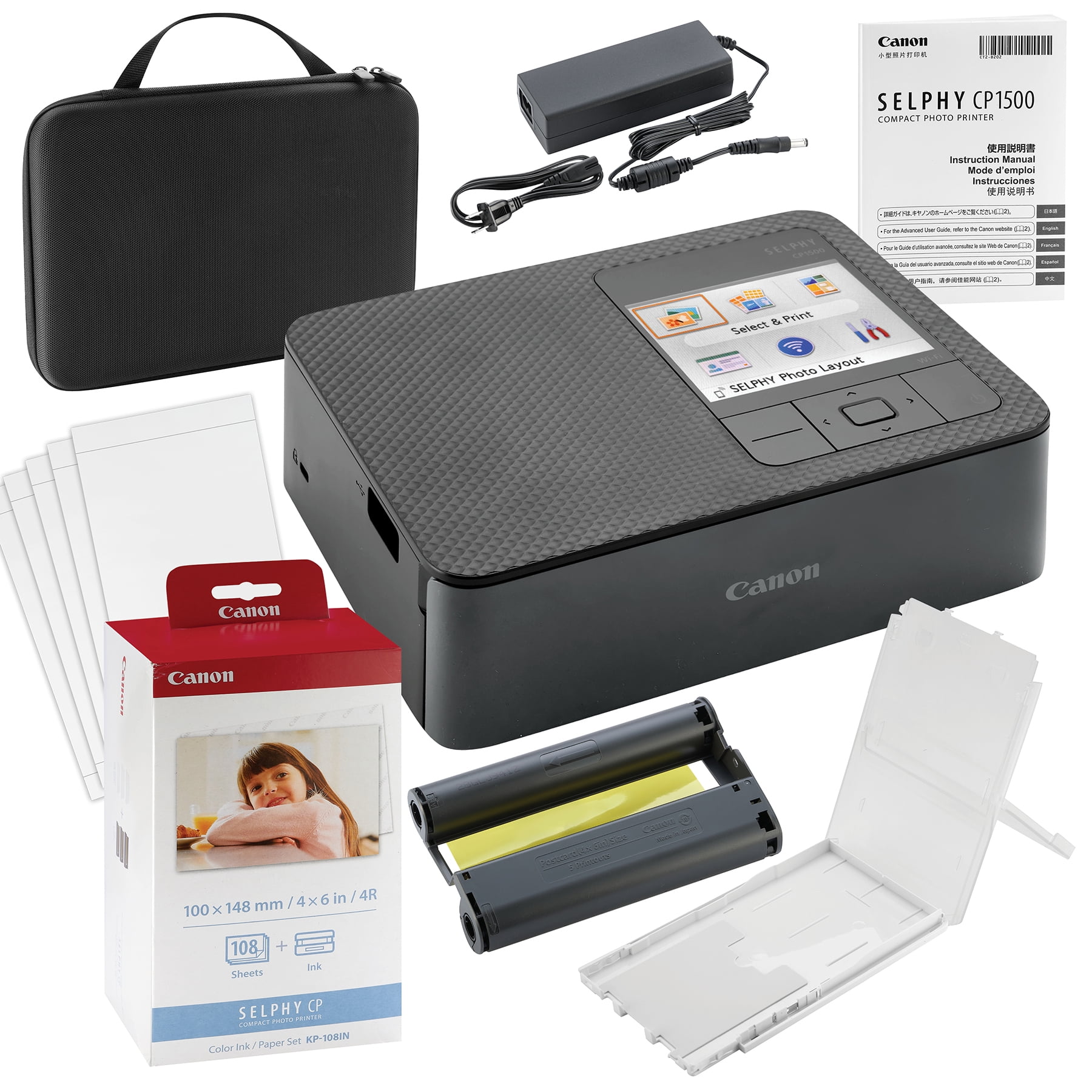 Canon SELPHY CP1500 Wireless Compact Photo Printer with KP108 Paper & Hard Case, Black