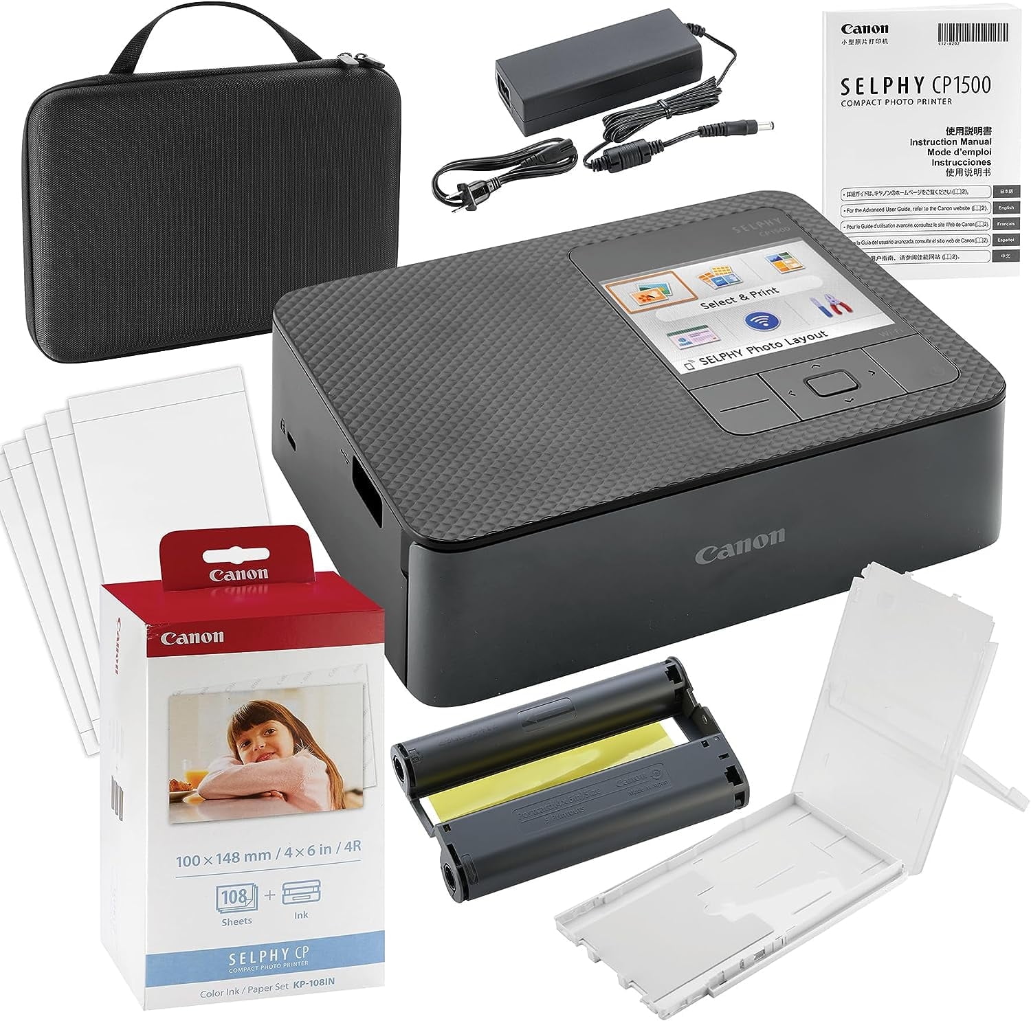 Canon SELPHY CP1500 Wireless Compact Photo Printer with Canon KP108 Paper & Hard Case, Black