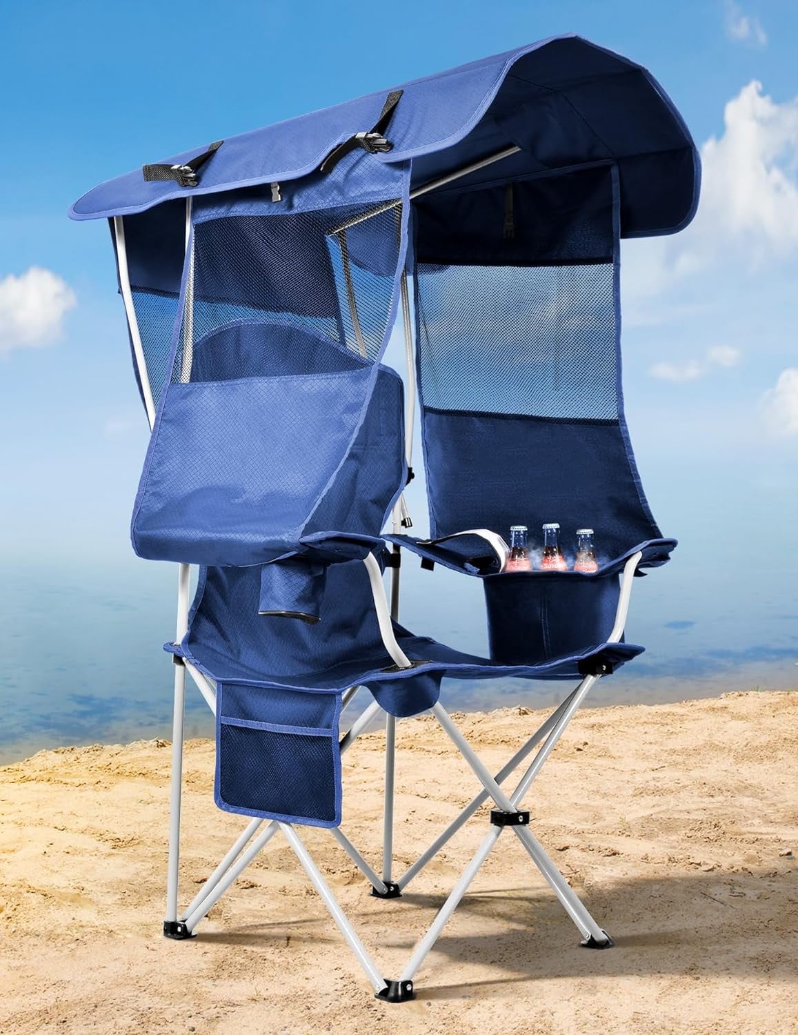 Camping Chairs with Cooler Pouch, Foldable Beach Chair with Canopy Shade for Camping, Sports, Beach, Fishing, Lying, Hiking, Cup Holder & Side Pocket, Support 330 LBS - Blue