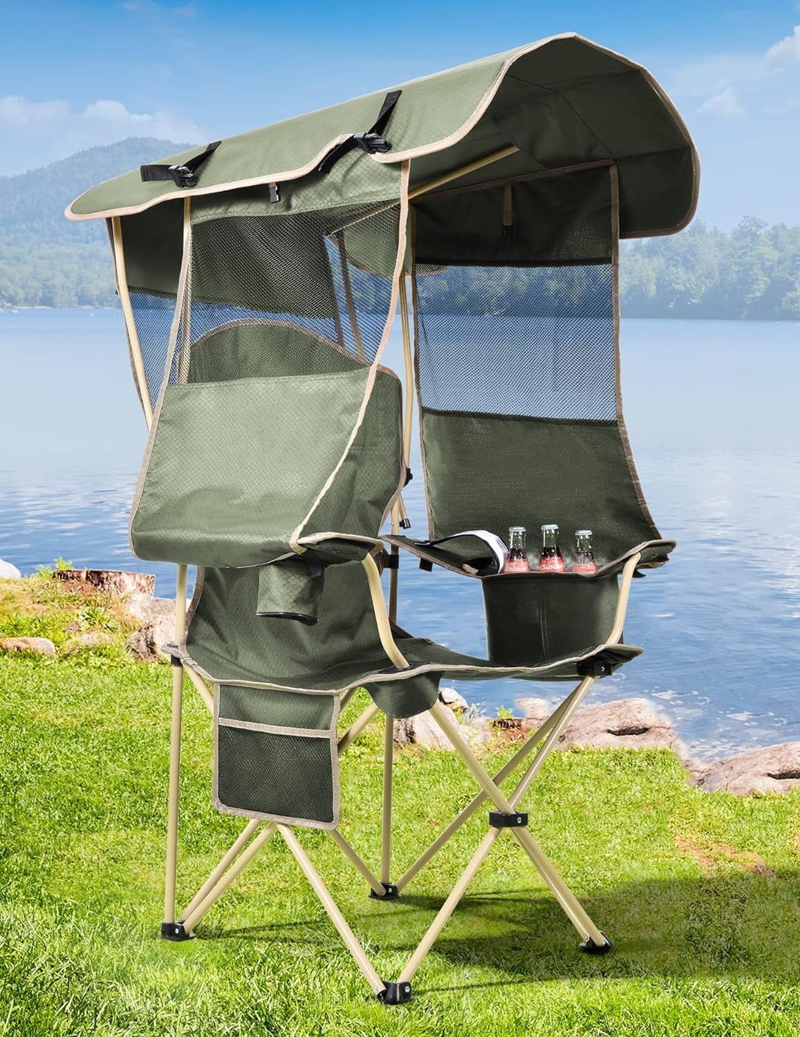 Canopy Camping Chairs with Cooler Pouch, Foldable Beach Chair for Adults with Retractable Shade, Summer Camping Chairs with Cup Holder & Side Pocket for Lawn/Tailgates/Sports- Support 330LBS - Green