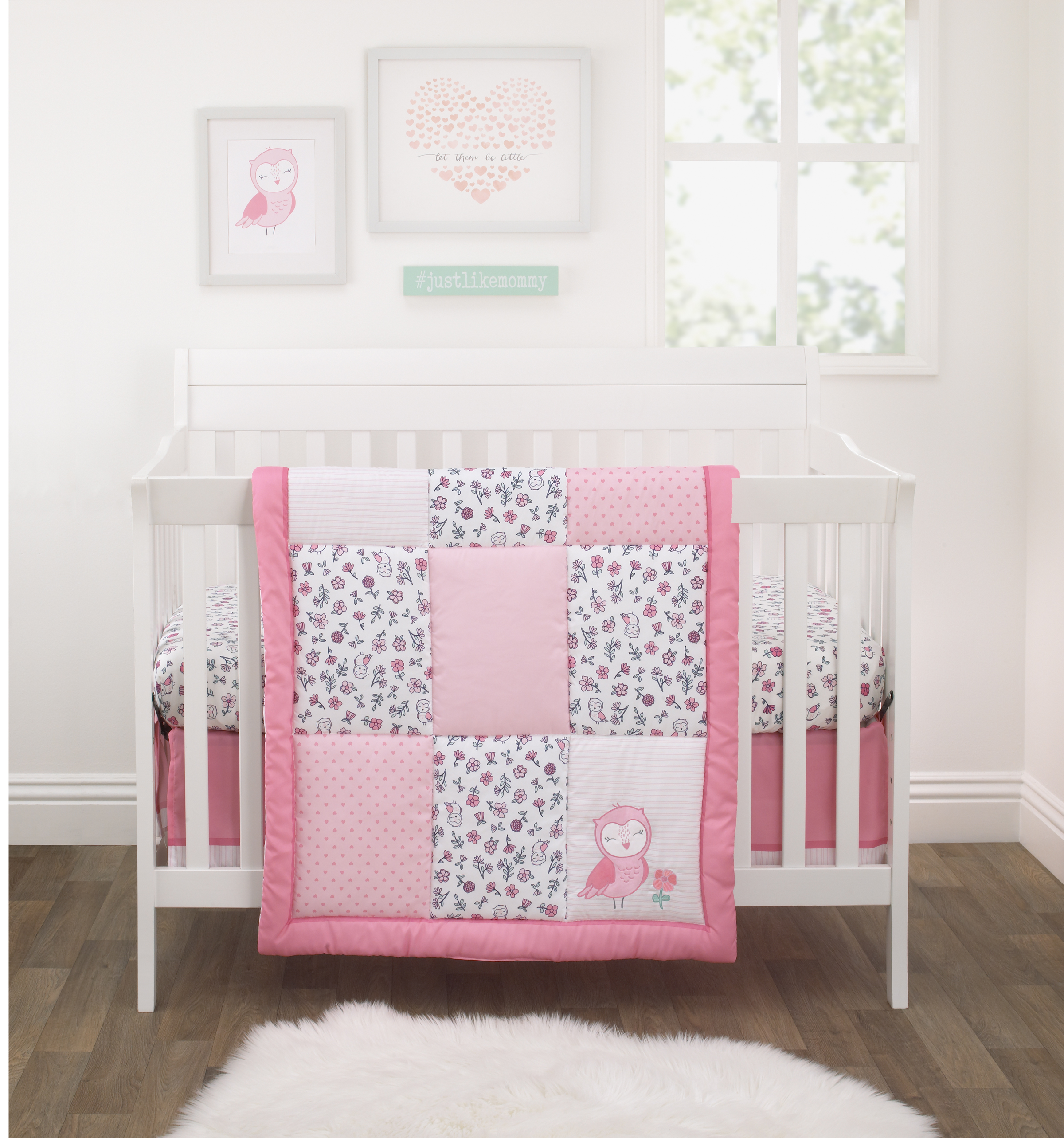 Carter's Child of Mine 3-Piece Lil Owl Crib Bedding Set Pink Floral Patchwork, Crib Size