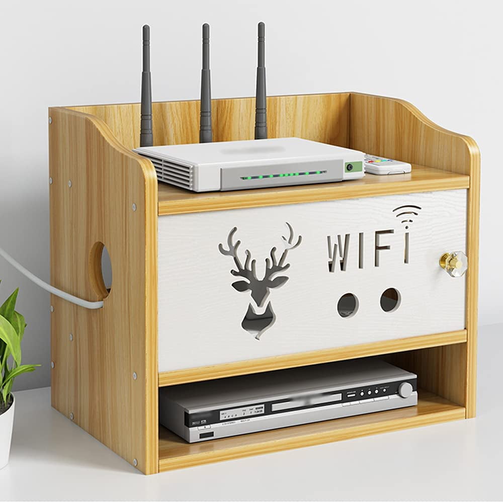 Catekro Wooden WiFi Router Storage Box Wall Shelves Stuff 3 compartments for Bedroom, Living Room
