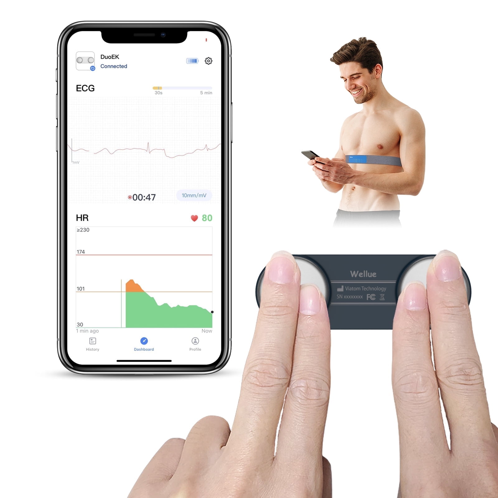 Checkme ECG Monitor | Portable EKG Heart Rate Monitor | Wireless Handheld and Strap Chest Wearable | 30s - 15mins Measurement | Free App and Bluetooth | DuoEK