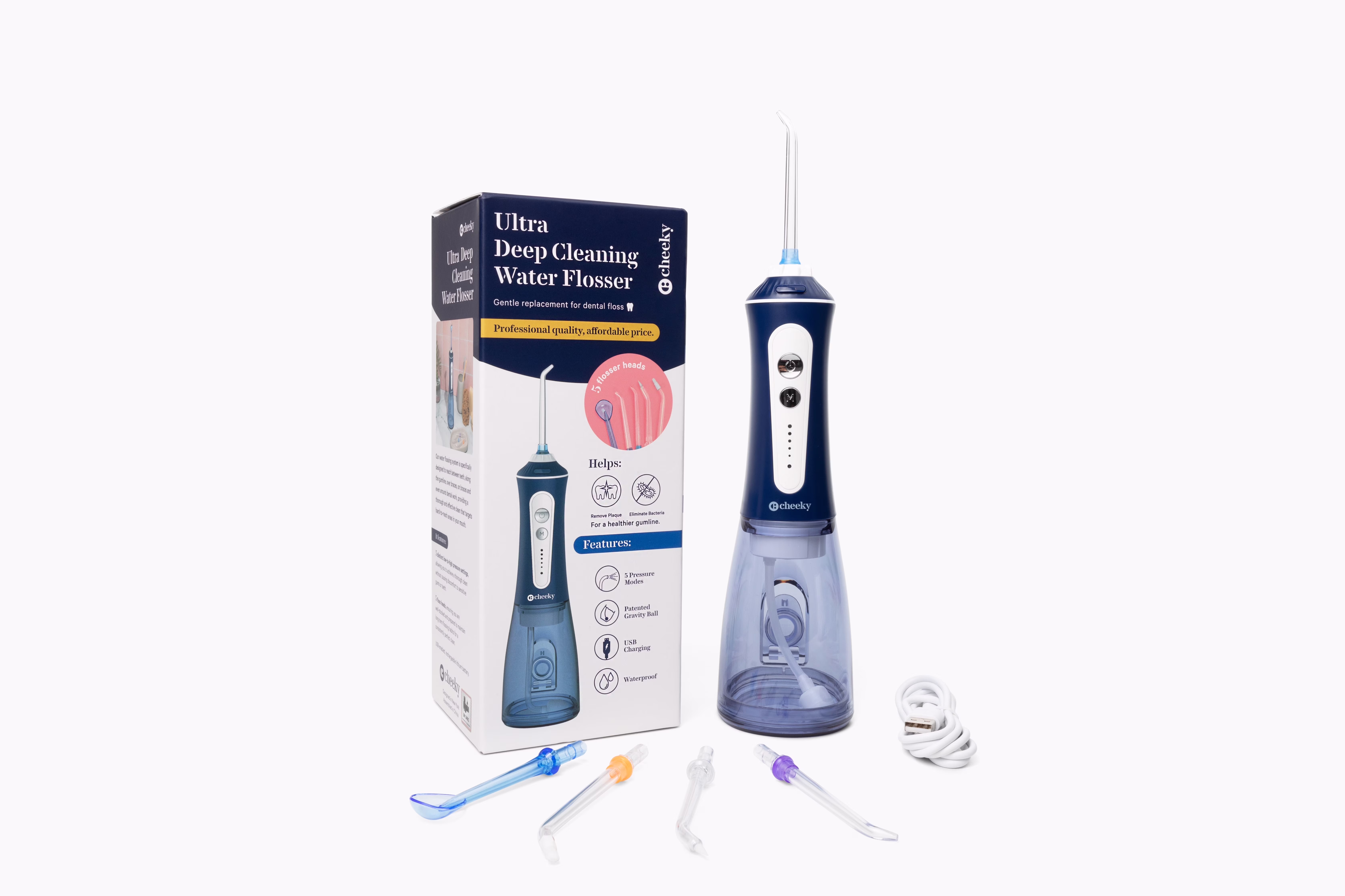 Cheeky Cordless Water Flosser with 5 Floss Heads, 5 Pressure Modes, and Rechargeable Battery, 300 mL Water Tank, Deep Tooth and Gum Cleaning