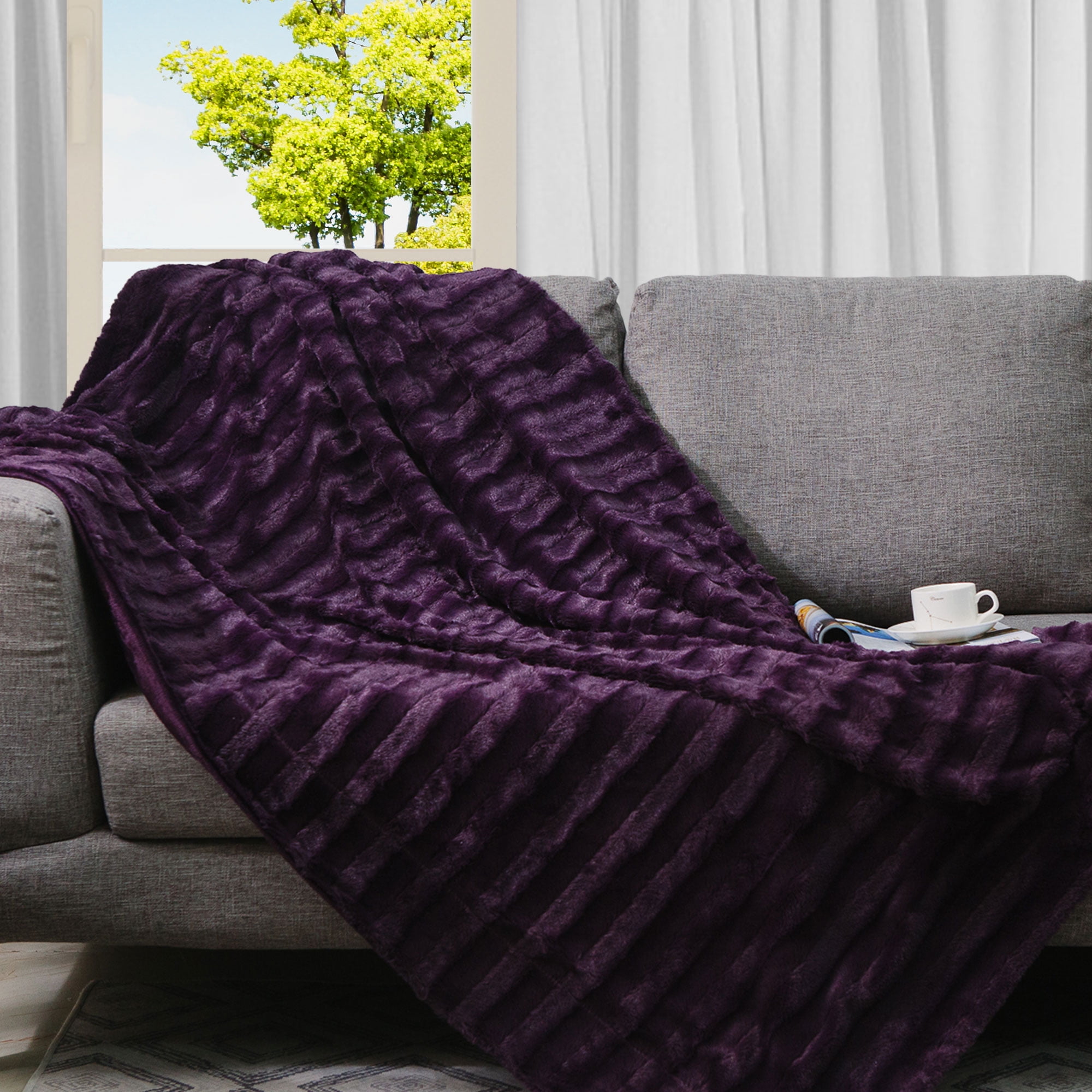 Cheer Collection Faux Fur Throw Blanket 108" x 88", Purple