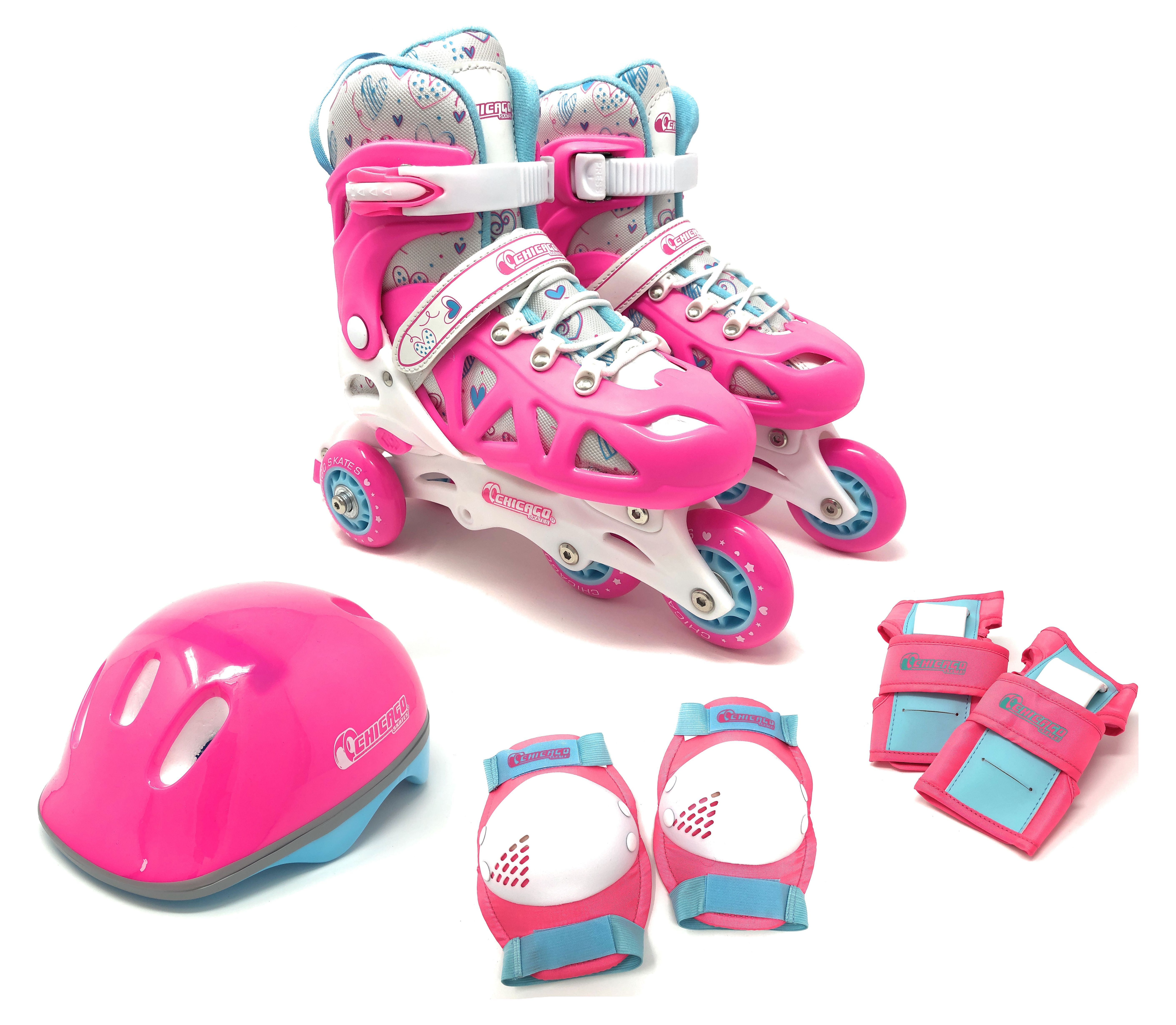Chicago Skates Adjustable Inline Training Skate Combo Set, Pink/White/Teal, Size Medium (1-4)