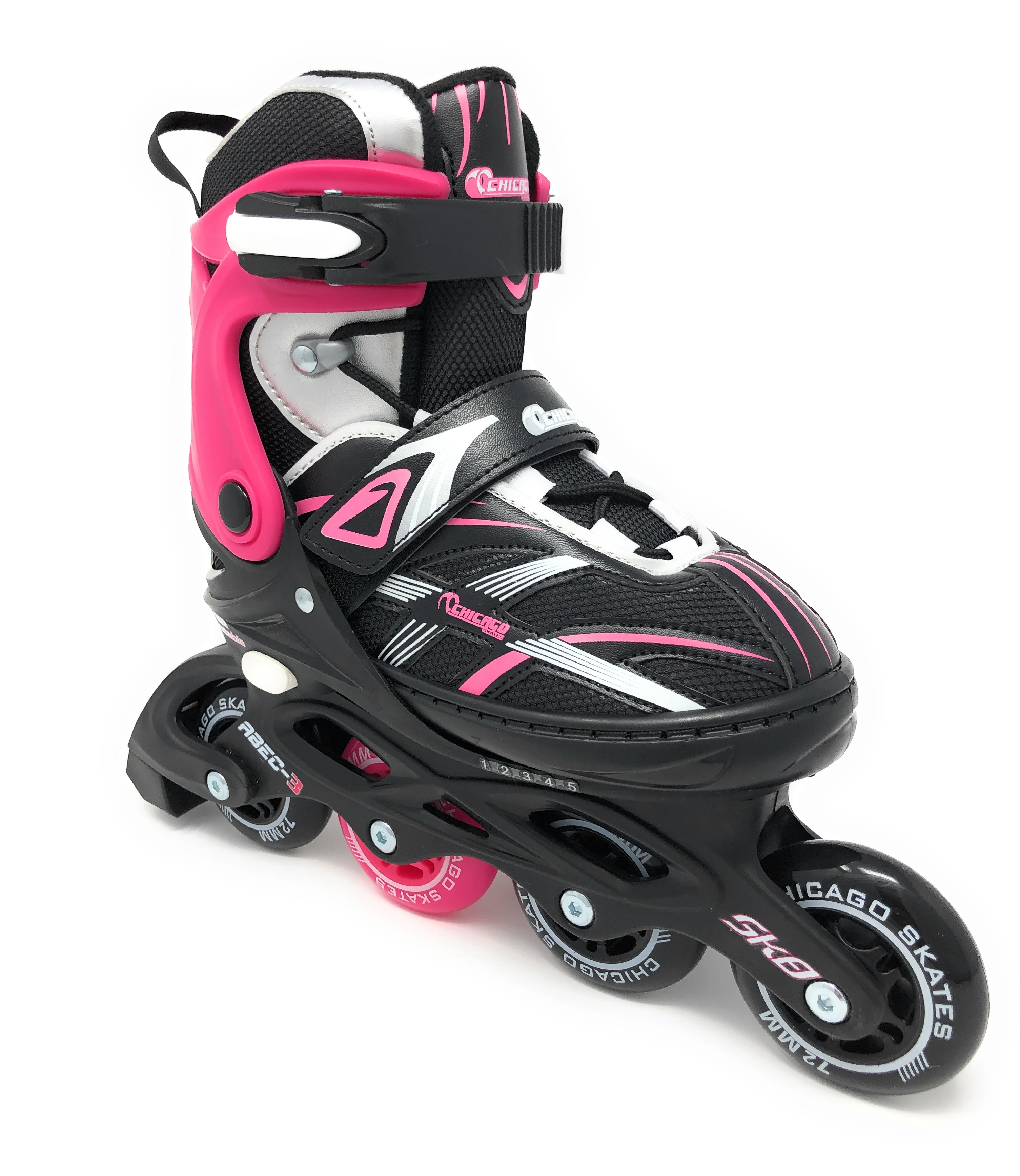 Chicago Skates Girls Five Size Adjustable Inline Skates Black/Pink/Silver - Size Large (5 - 9).