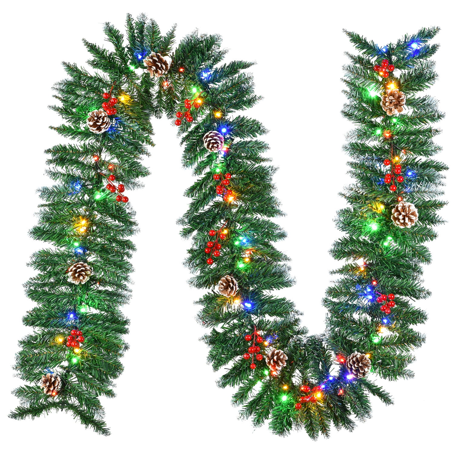 Christmas Garlands for Stairs 9Ft, Casacomfy Greenery Decor Fireplaces Stair Garland Christmas Pre Lit, Bannister Garland Christmas with Red Berries and Pine Cones, Christmas Garland with Lights