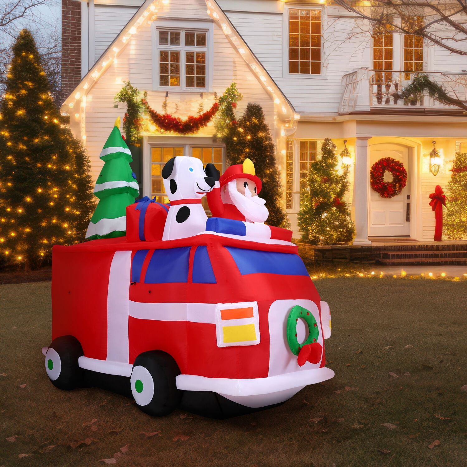 Christmas Time New 7 ft. Inflatable Santa Claus in a Fire Truck with LED Lights Festive Holiday Blow-Up Decorations, CT-FIRETRK071-L