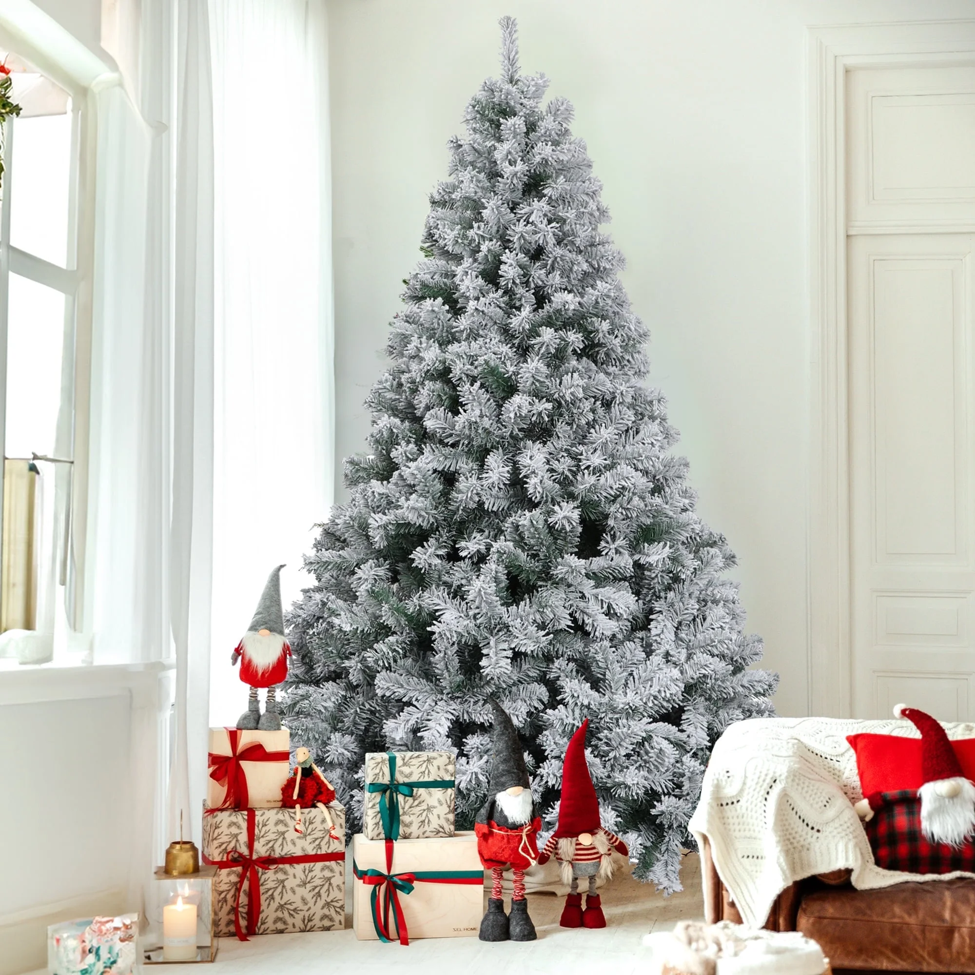 Christmas Tree, Brochao 7.5ft Snow Flocked Xmas Tree with 1100 Branch Tips, Outdoor Indoor Unlit Artificial PVC Holiday Decor