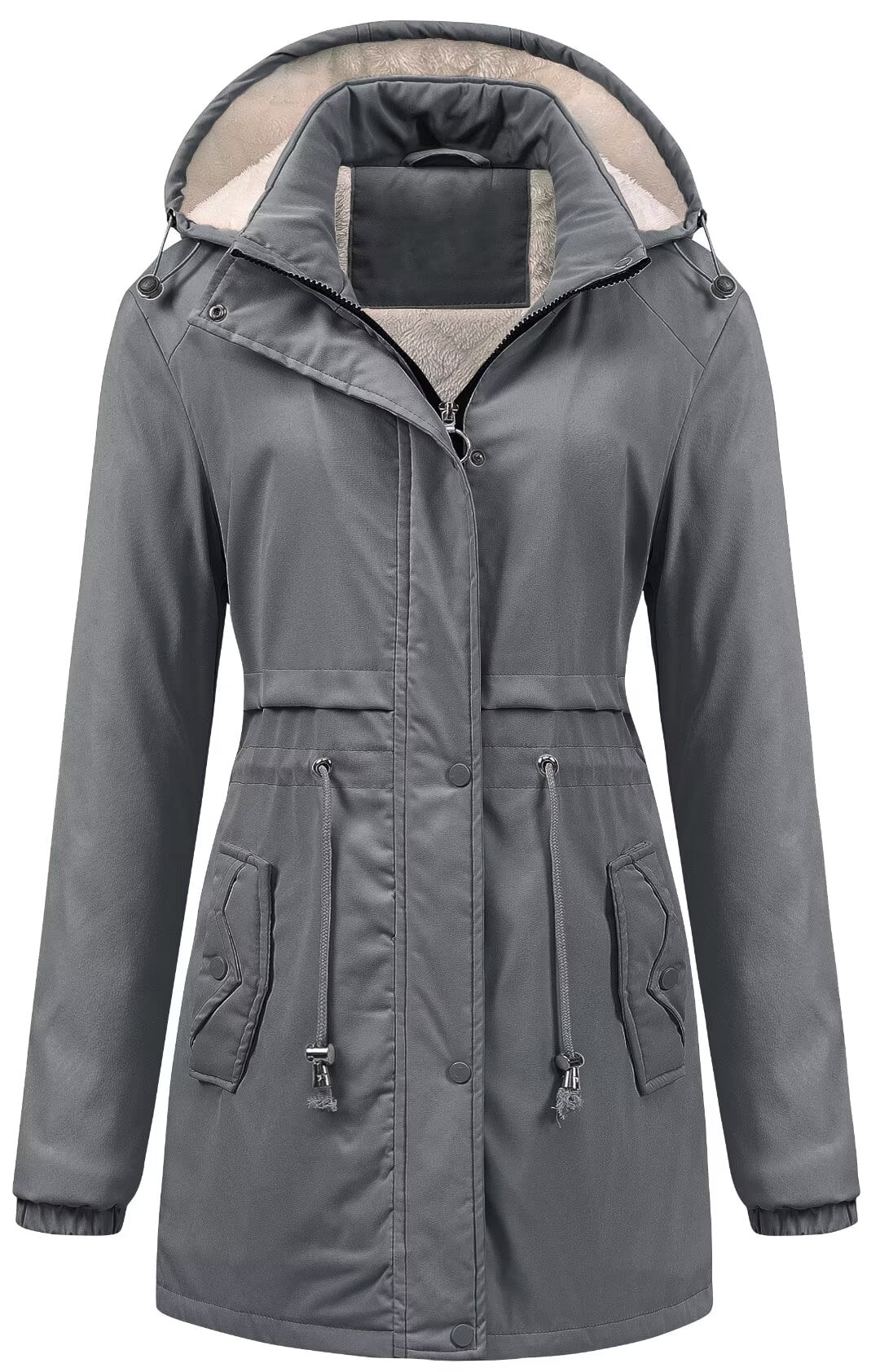 Chrisuno Women's Winter Coat Zipper Hooded Puffer Jacket Long Puffy Solid Ski Coat Grey M