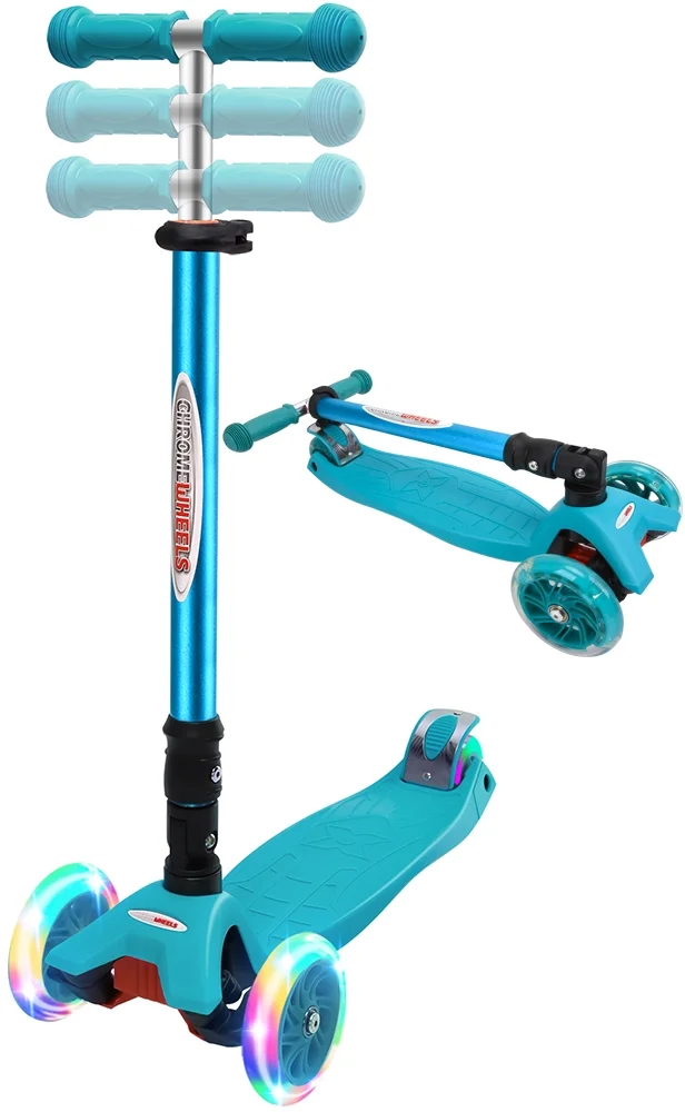 ChromeWheels Scooters for Kids, Deluxe Kick Scooter Foldable 4 Adjustable Height 132lbs Weight Limit 3 Wheel, Lean to Steer LED Light Up Wheels, Best Gifts for Girls Boys Age 3-12 Year Old-Aqua