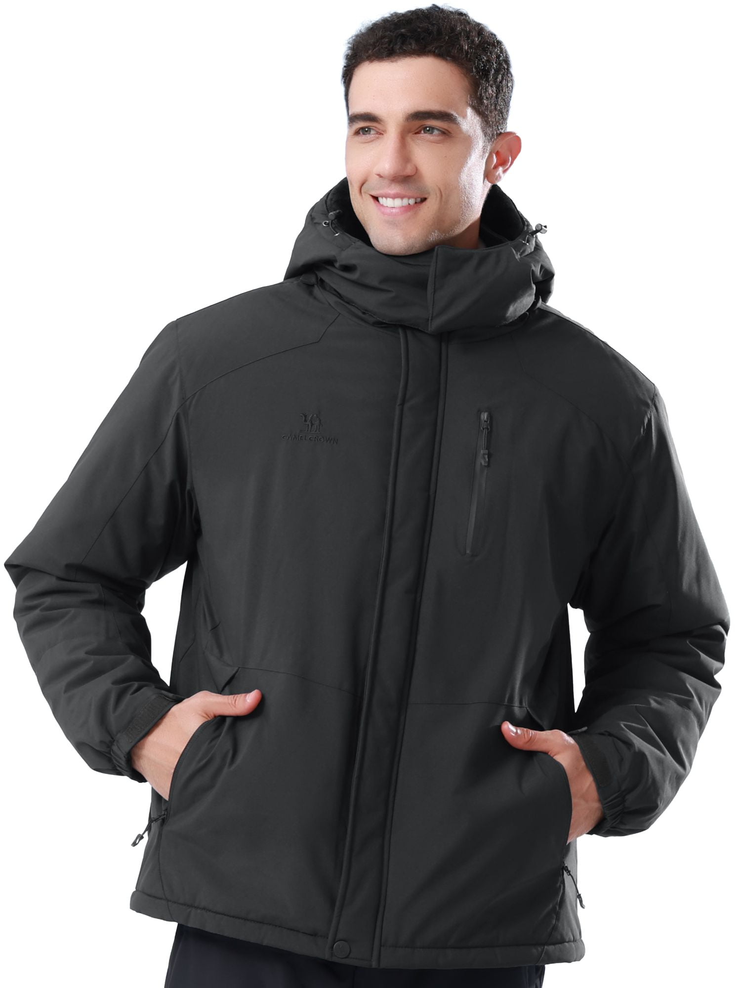 CAMEL Mens Ski Jacket Fleece Trekking Winter Coat Snow Jacket Hooded Windbreaker Hiking Snowboarding Jackets Black L