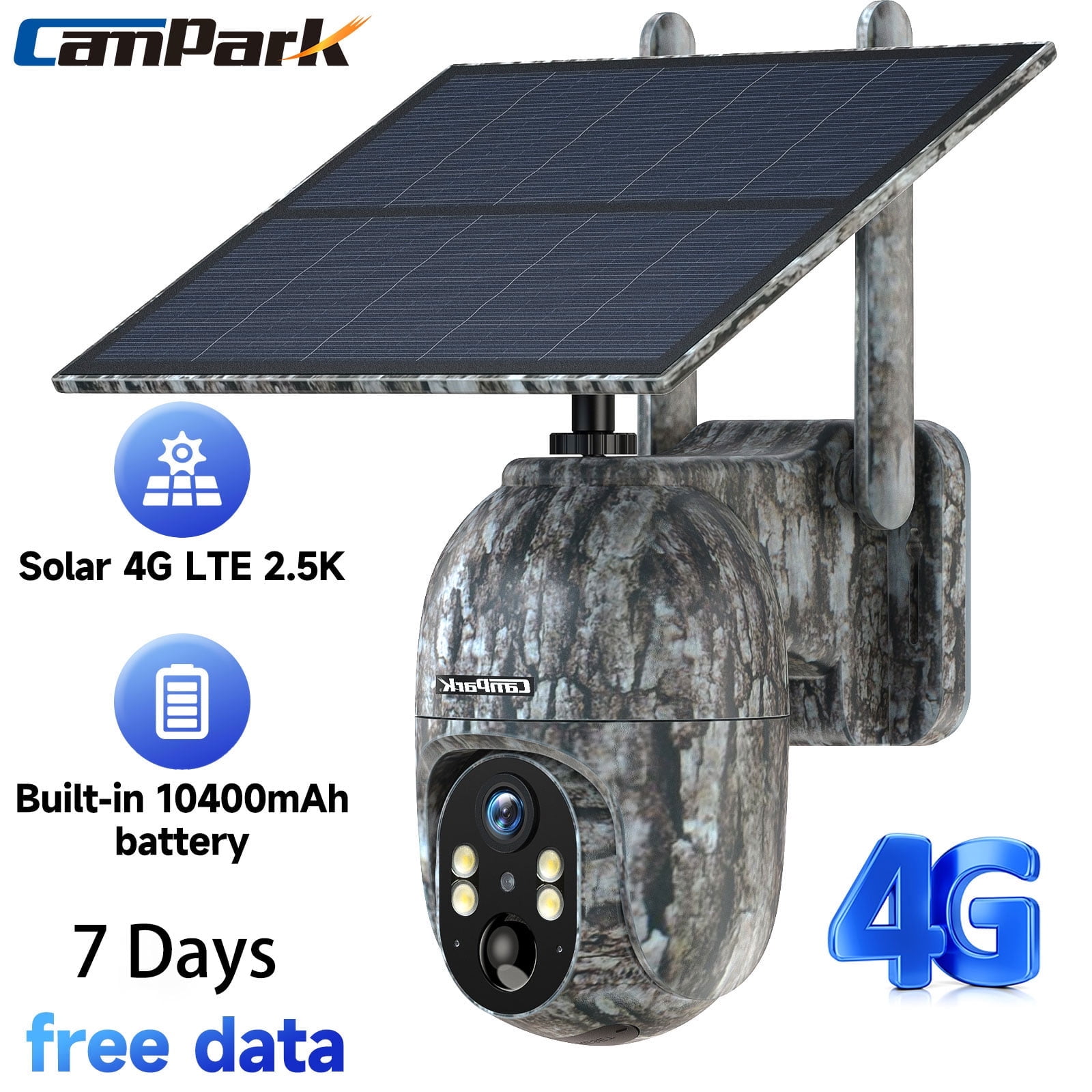 CAMPARK 4G LTE Cellular Trail Camera Wireless, Solar Powered Game Camera with 360°Pan 90°Tilt, 2.5K HD Night Vision, Motion Activated, Waterproof IP66, Hunting Security Camera with SIM Card, NO WiFi