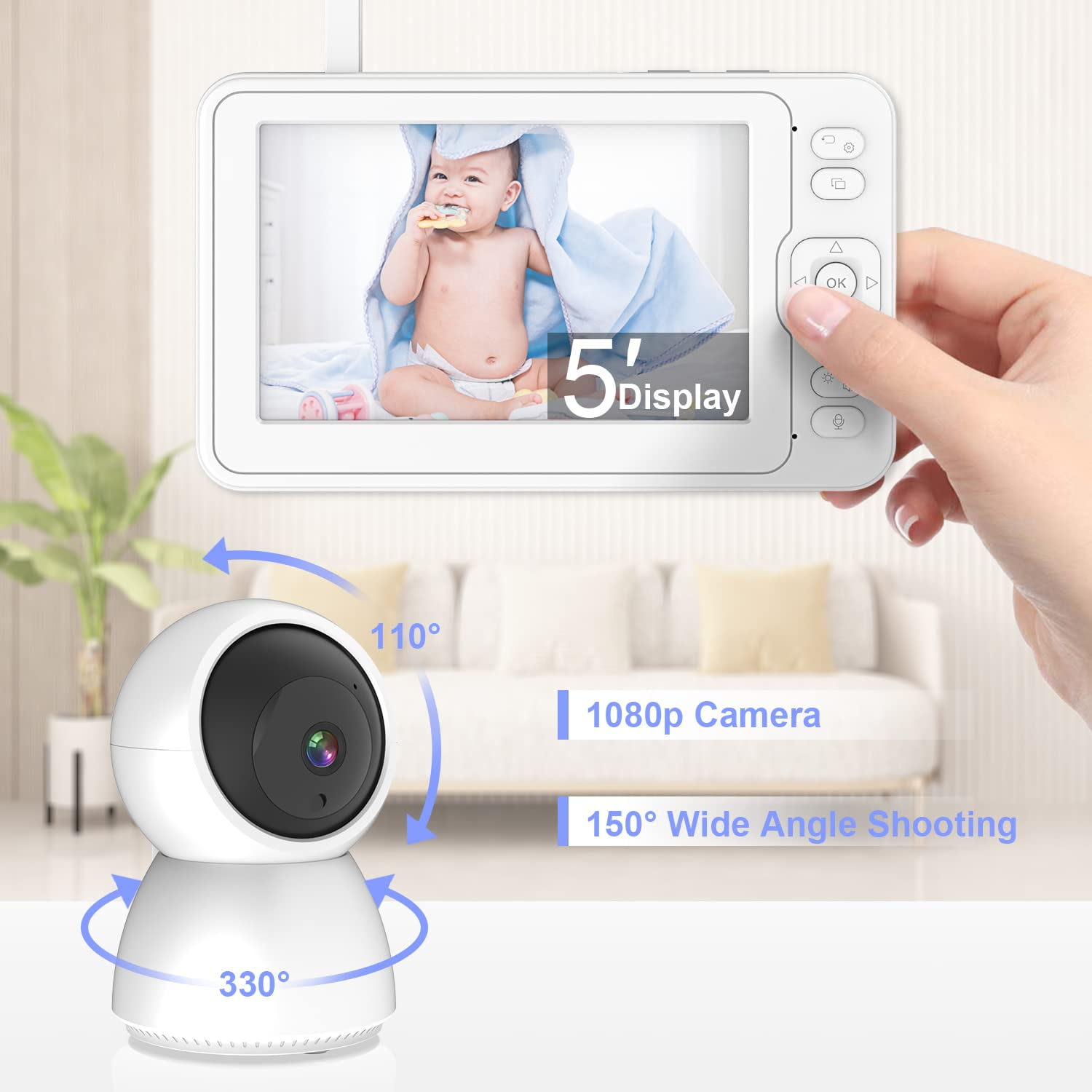 CAUTUM Baby Monitor, 5" Display 1080p Indoor Video Security Camera for Baby Monitor, 150° Wide-angle