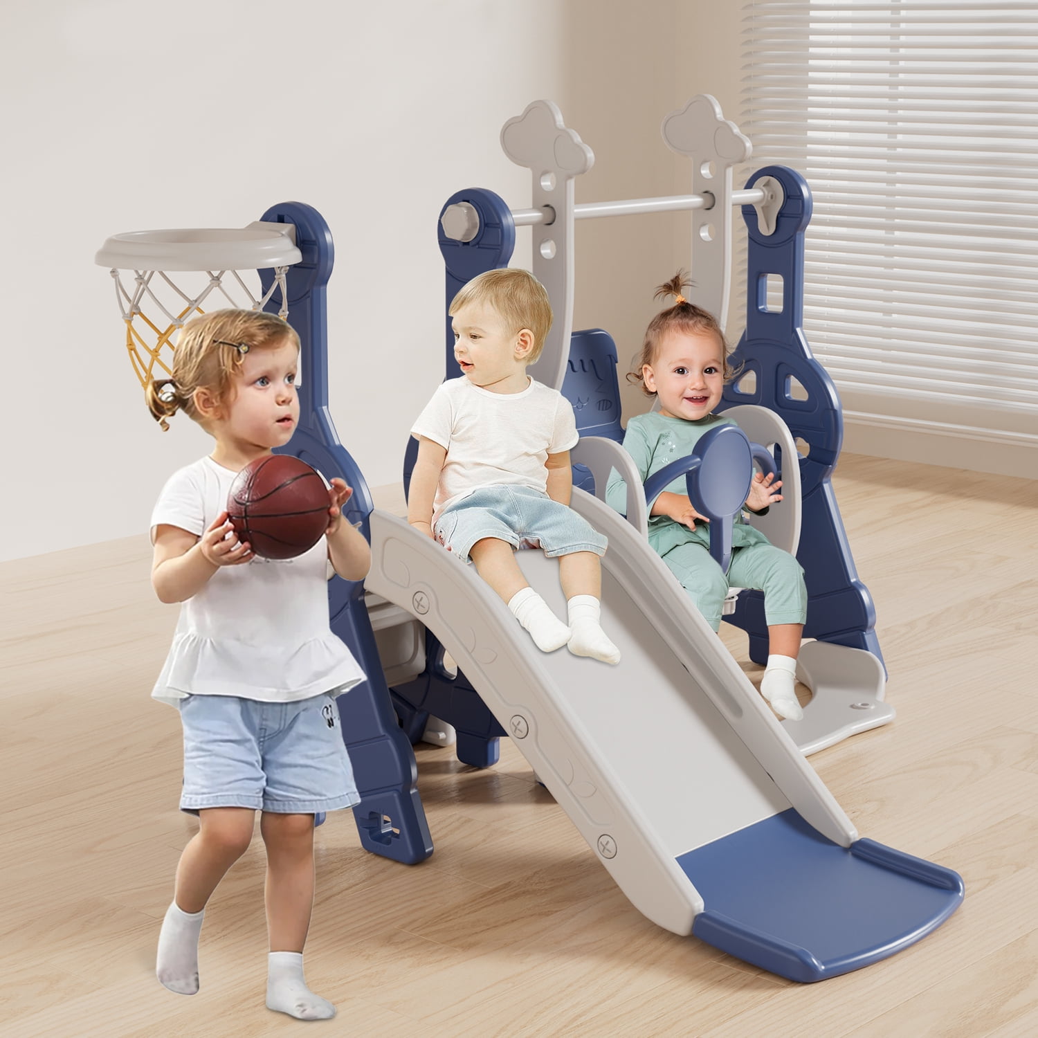 CHAOFEI 4-in-1 Toddler Slide and Swing Set, Folding Indoor Outdoor Playground