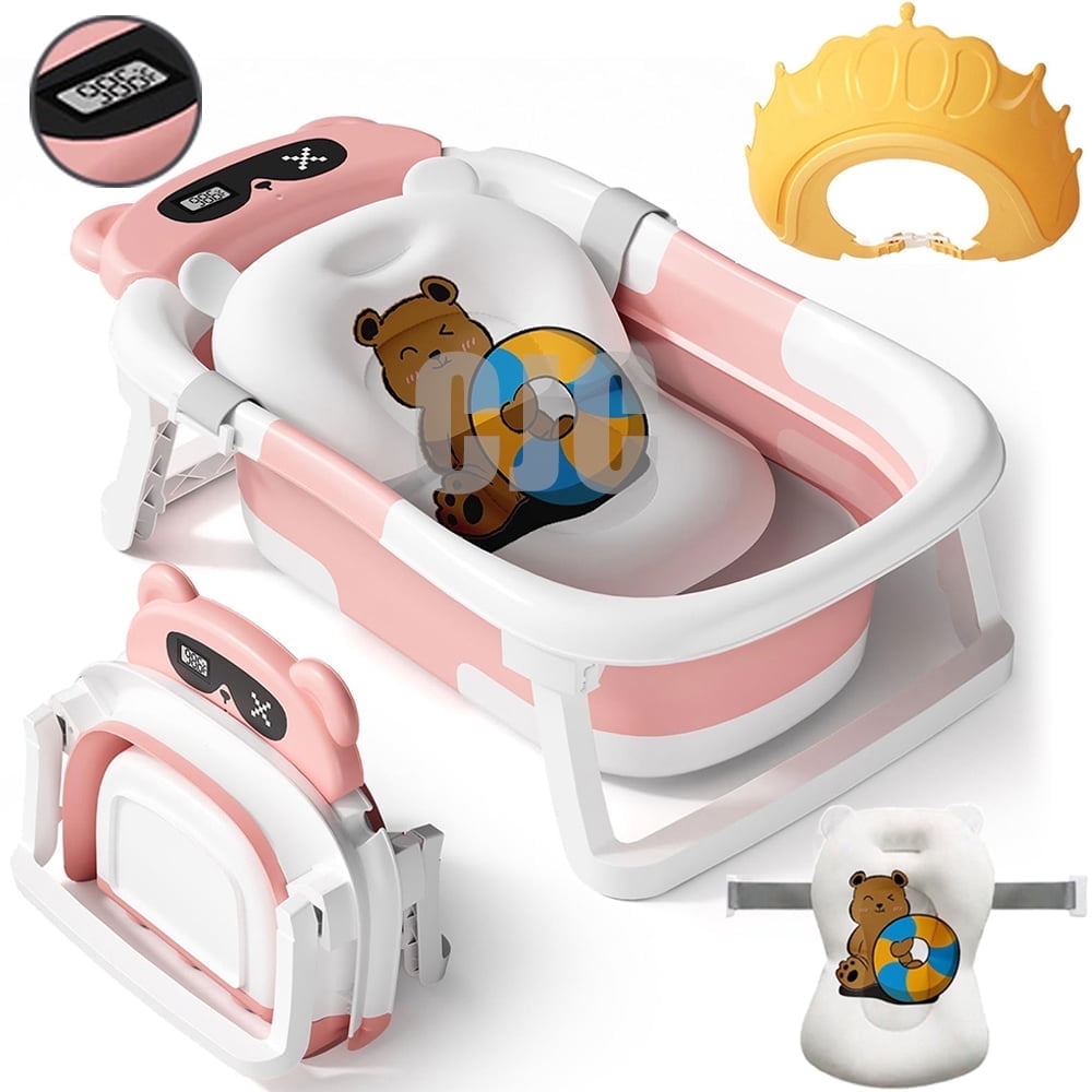 CJC Baby Bathtub Portable Baby Tub for Newborn to Toddler Durable Bath Tub with Soft Detachable Cushion No-Slip Hanging and Shower Hat