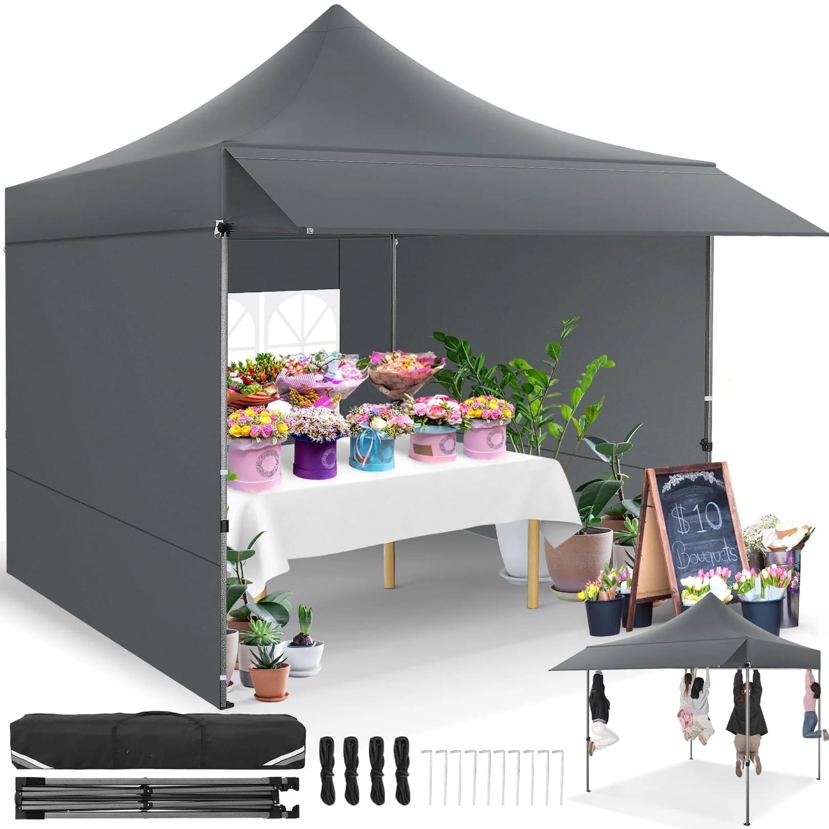 COBIZI 10x10 Heavy Duty Pop Up Canopy, Waterproof 420D Oxford, UPF 50+,Removable Awning and Sidewalls, Easy Setup Outdoor Tent for Wedding/Market/Backyard, with Storage Bag, Gray