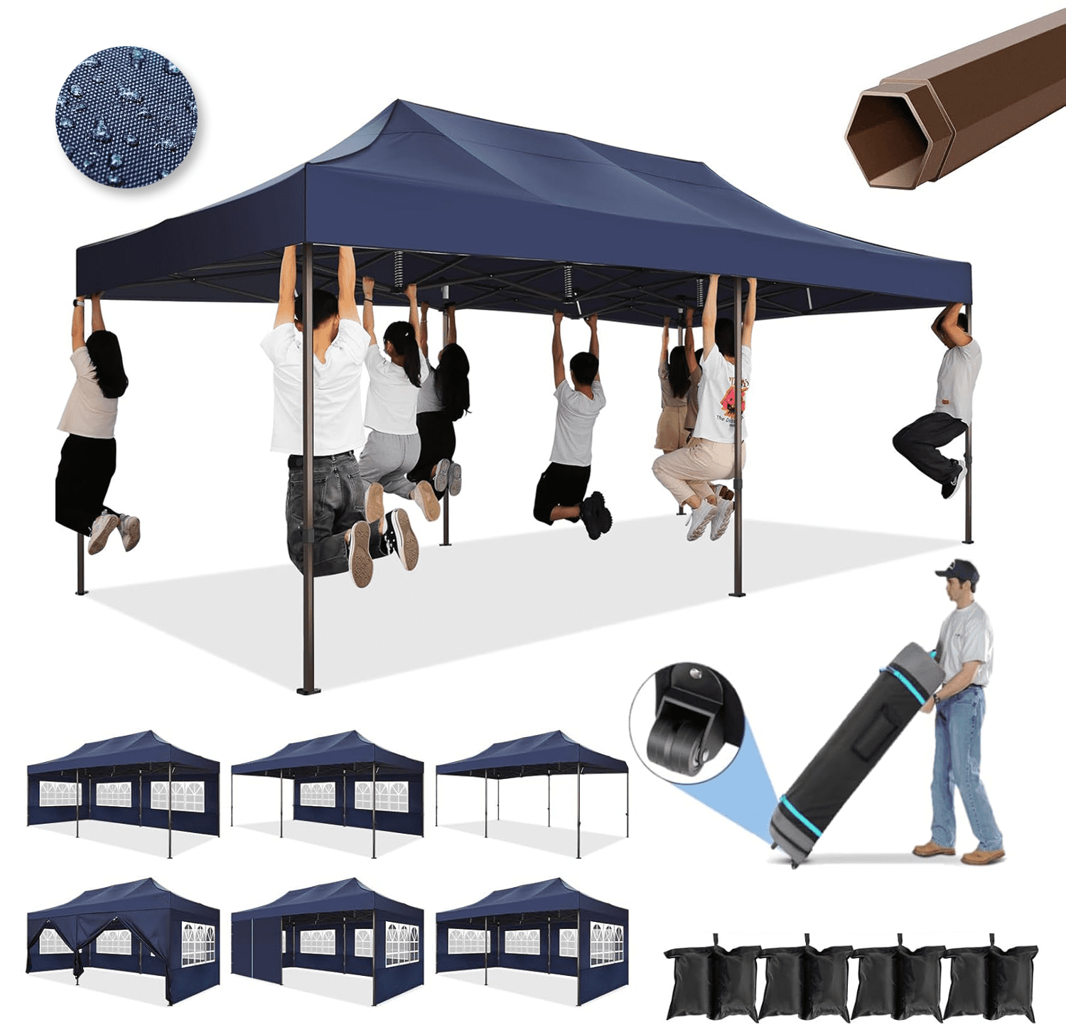 COBIZI 10x20 Pop Up Canopy Tent Heavy Duty with 6 Removable Sidewalls,Commercial Pop Up Tent for Parties All Weather Waterproof Wedding Tent with Roller Bag(Deep Blue)