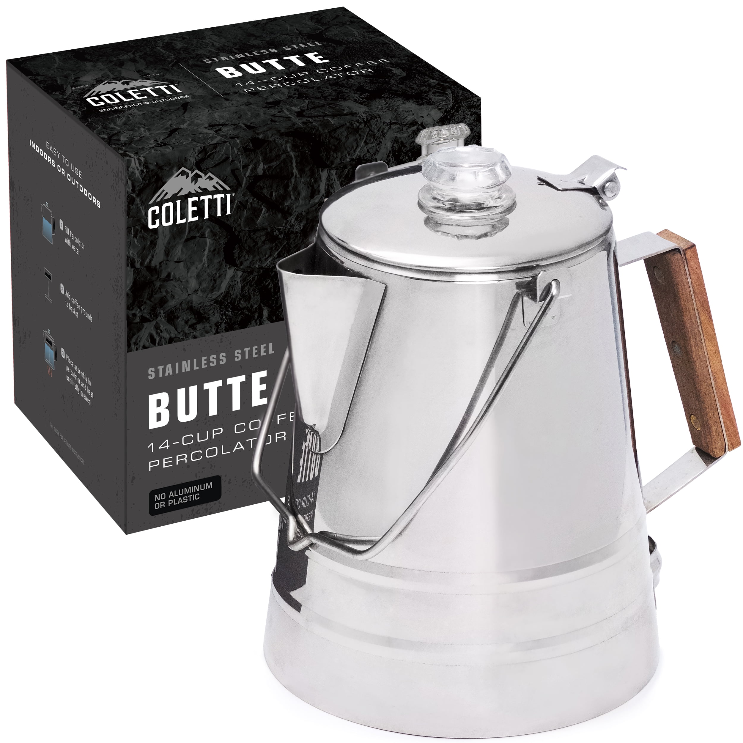 COLETTI Butte Coffee Percolator Camping — Percolator Coffee Pot, NO Aluminum or Plastic [14 Cup]
