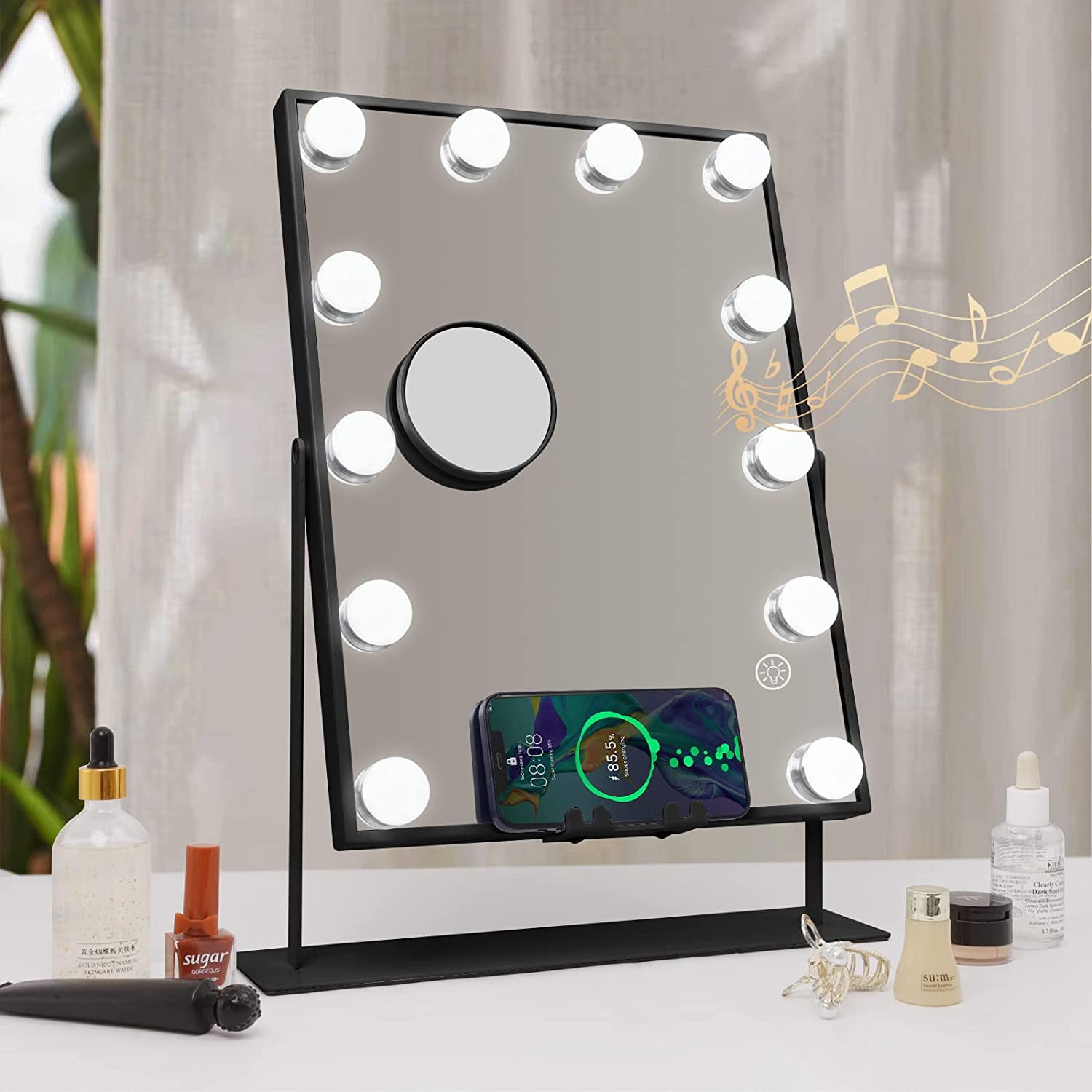 COOLJEEN Hollywood Makeup Vanity Mirror with Lights Bluetooth Wireless Charging Tabletop Metal  Black