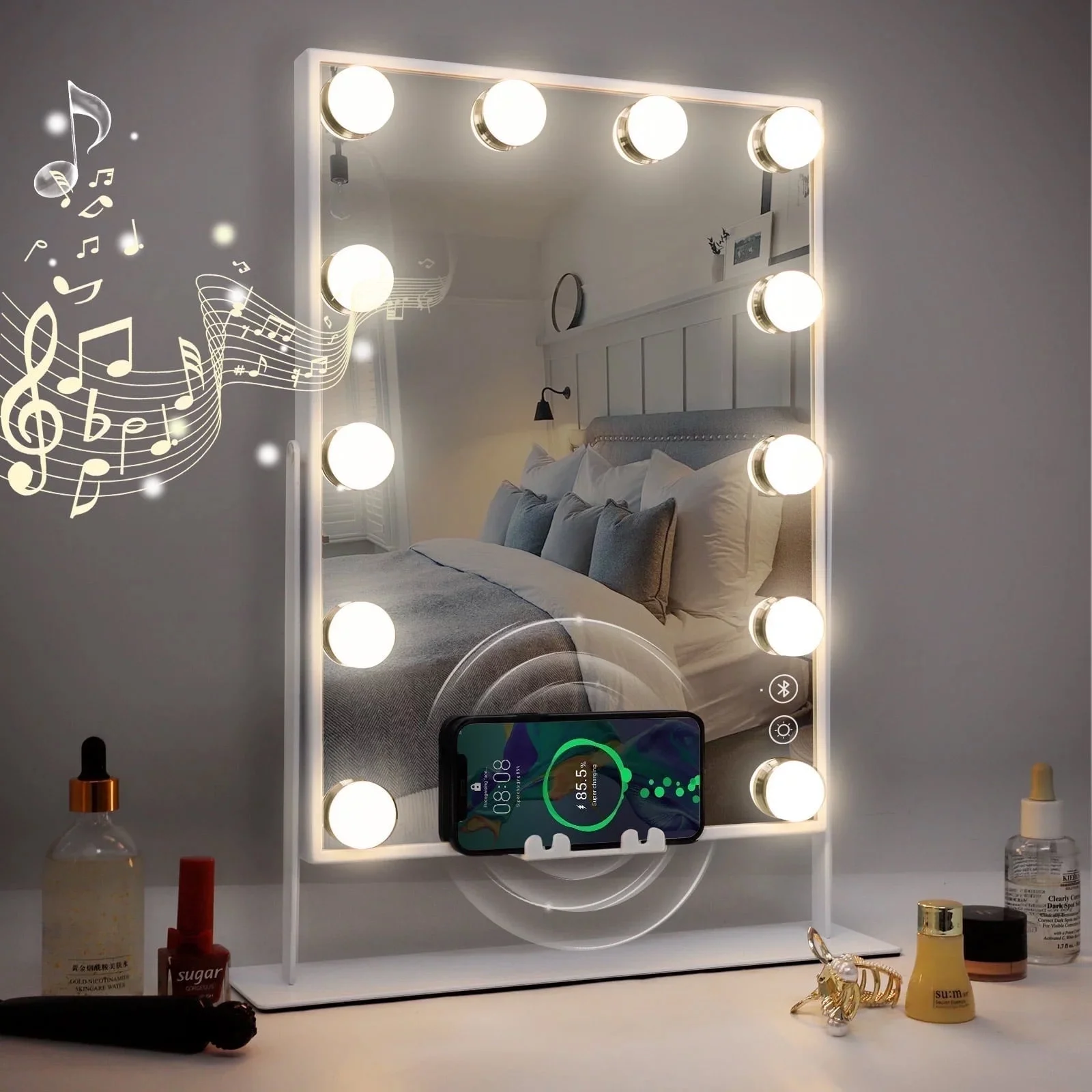 Fenchilin Vanity Makeup Mirror with Lights Bluetooth Wireless Charging Tabletop Metal White