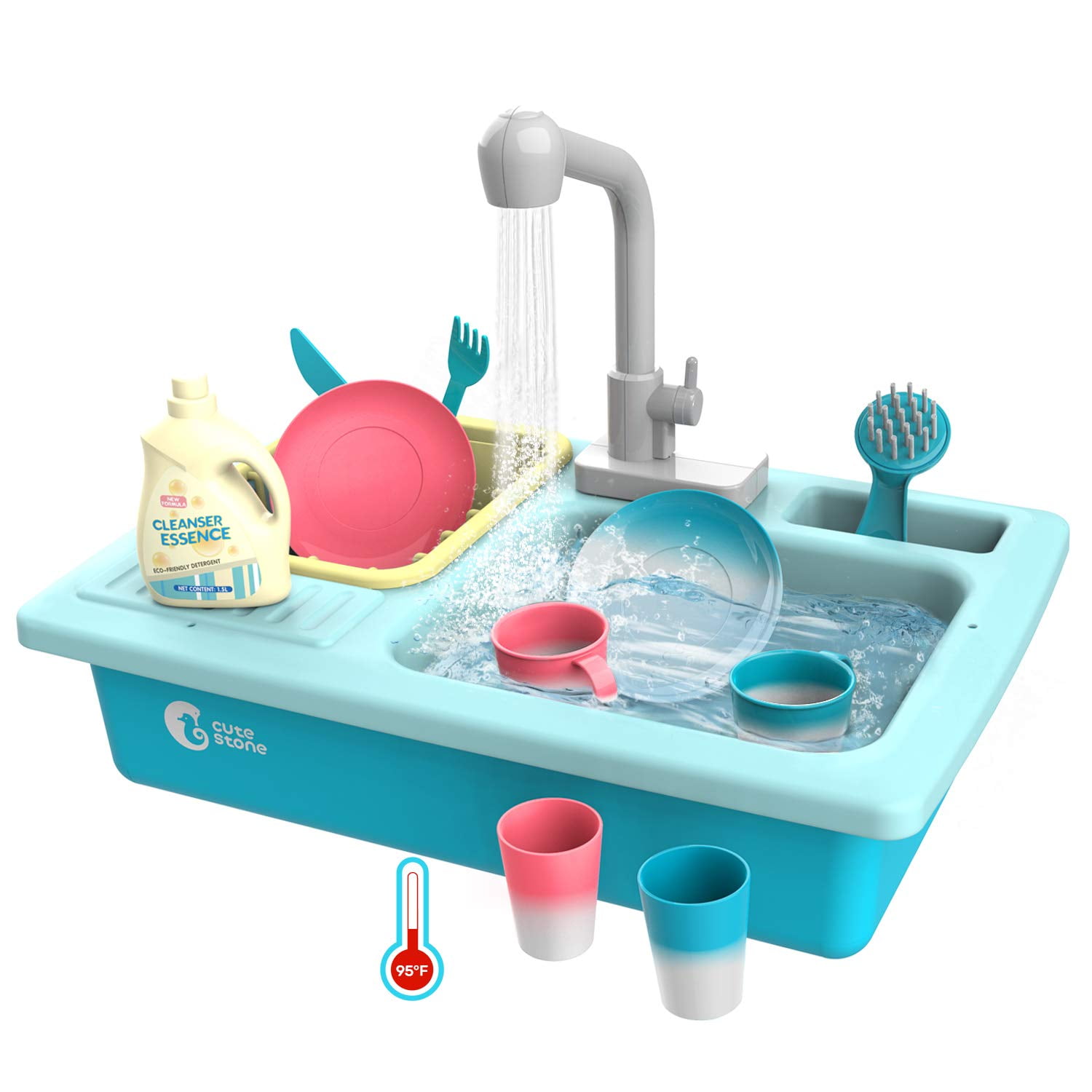 CUTE STONE Color Changing Kitchen Sink Toys for Toddler, Children Playing Toy Dishwasher with Running Water Heat Sensitive Thermochromic Play House Pretend Role Play Toys for Boys and Girls