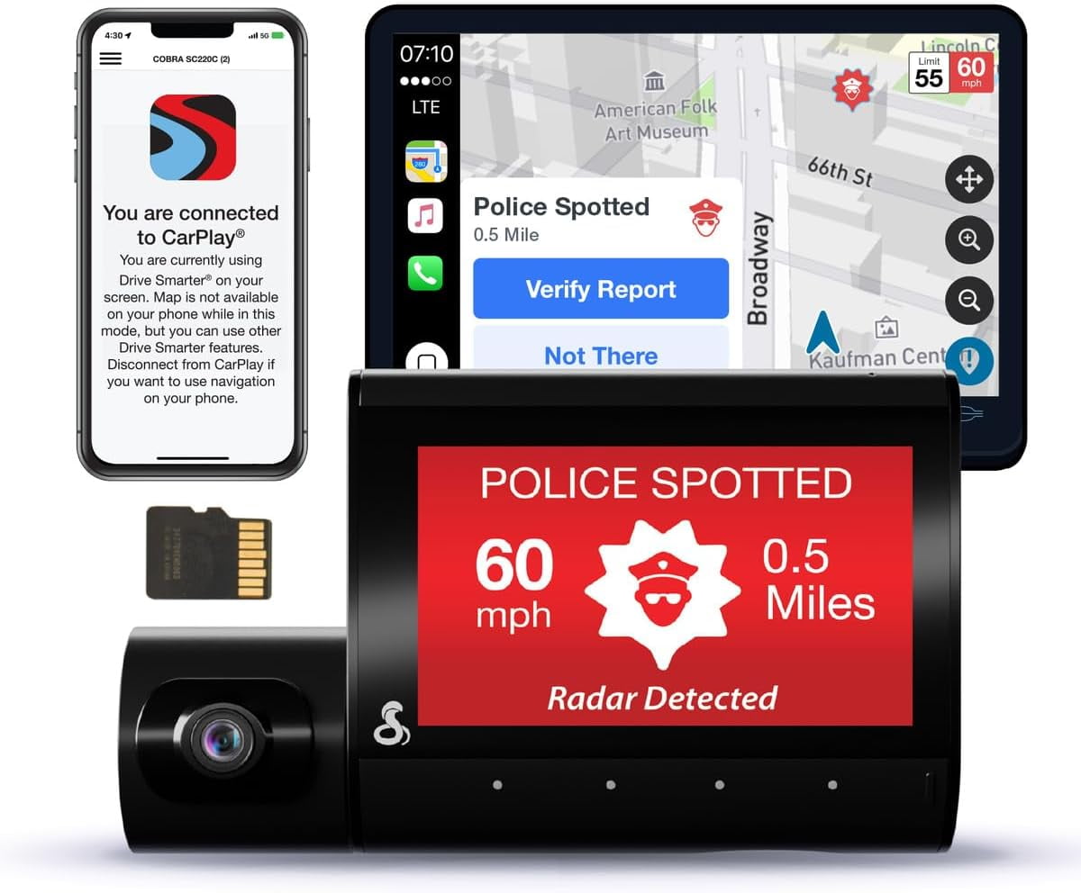 Cobra SC 220C Smart Dual View Front & Cabin Dash Cam - QHD 1440P, 360 Alerts, CarPlay & Android Auto