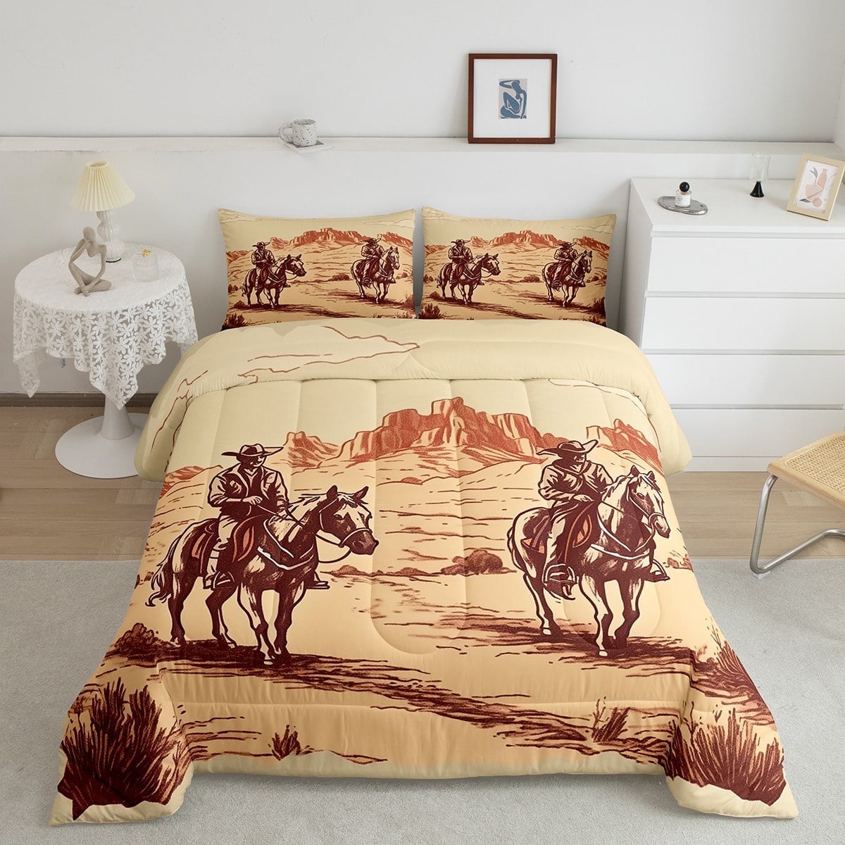 Cowboy Western Bedding Wild West Desert Mountain Bed Comforter Set Rustic Home Decor, Western Farmhouse Comforter Set Teens Country Theme Farm Life Duvet Insert Twin 2 Piece