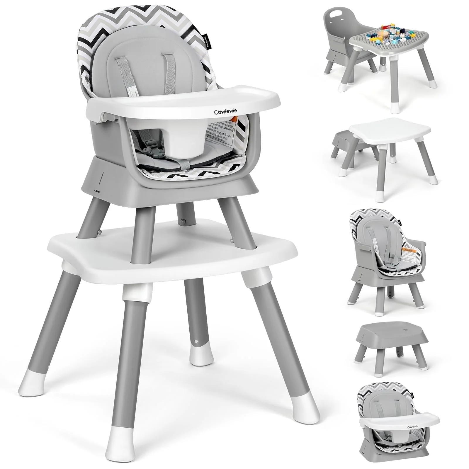 Cowiewie 8 in 1 Baby High Chair for Babies, Toddler Dining Booster Seat, BPA Free PP Material, White & Grey Wave