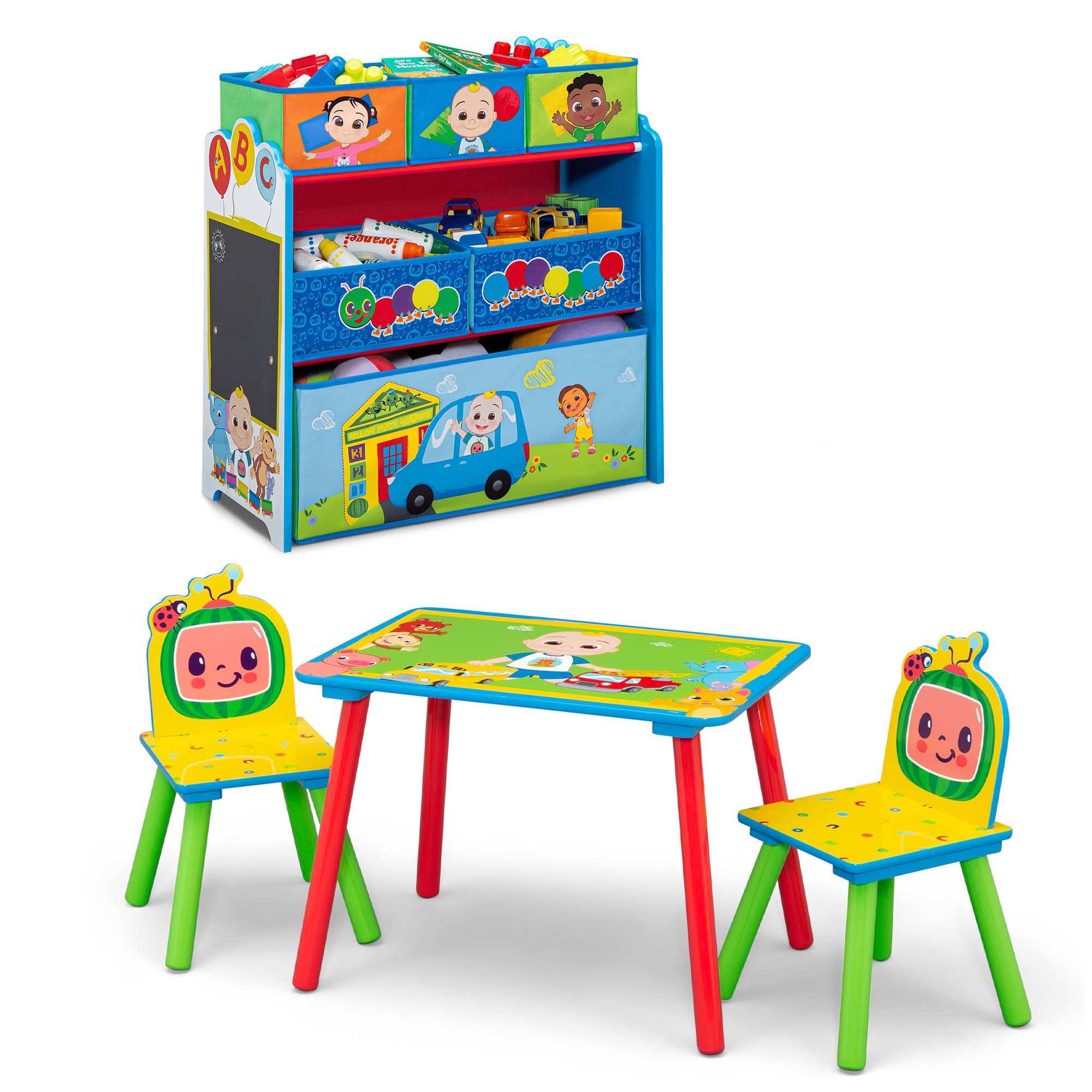 CoComelon 4-Piece Toddler Playroom Set by Delta Children – Includes Play Table with Dry Erase Tabletop and 6 Bin Toy Organizer with Reusable Vinyl Cling Stickers, Blue/Multi